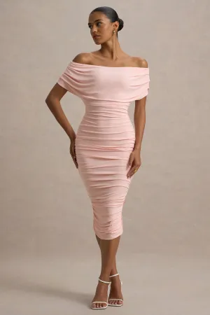 Rayleigh | Pink Bardot Ruched Midi Dress Club L London