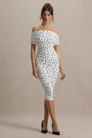 Rayleigh | Polka Dot Bardot Ruched Midi Dress Club L London