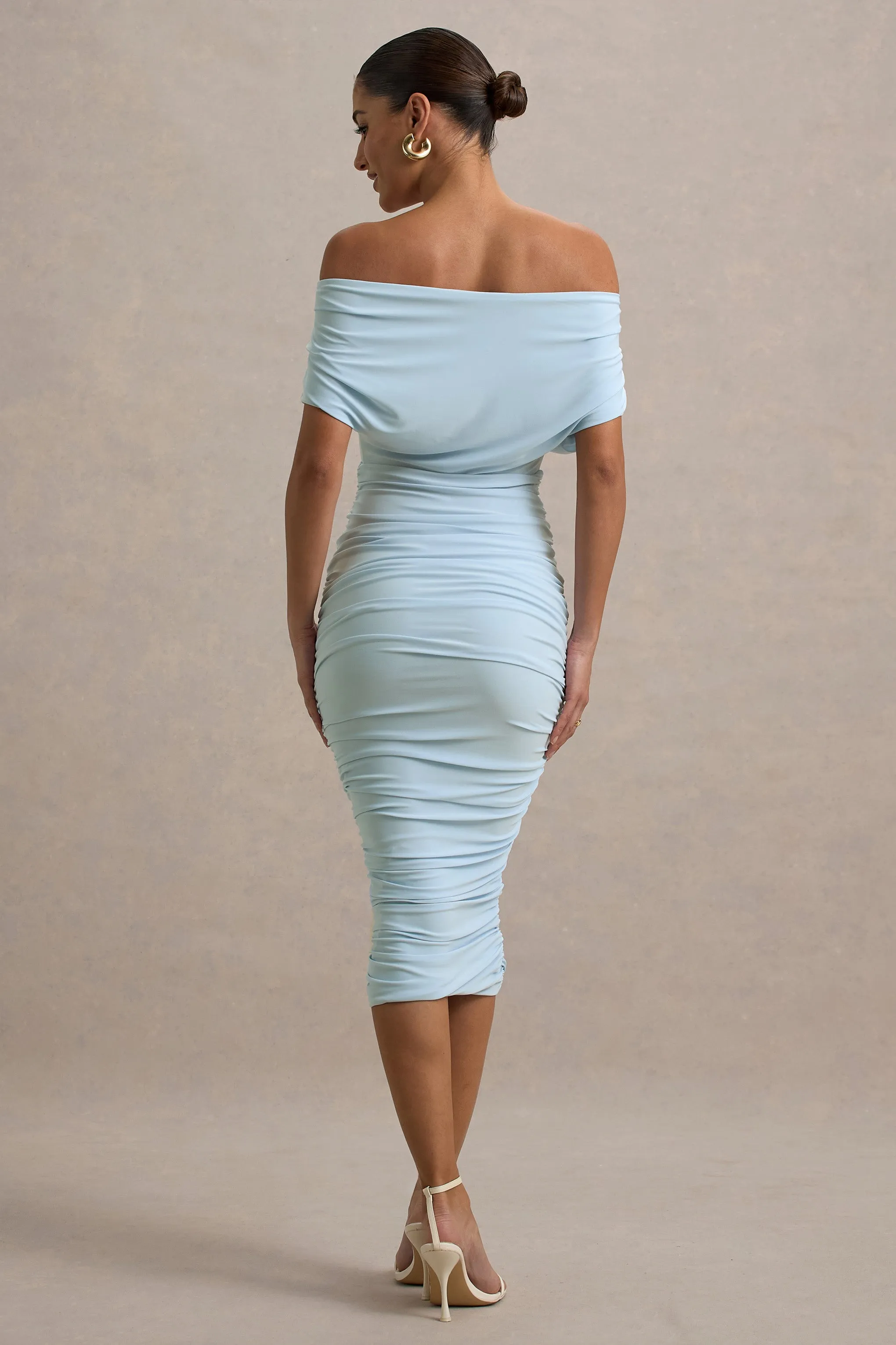 Rayleigh | Powder Blue Bardot Ruched Midi Dress Club L London
