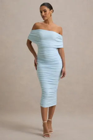 Rayleigh | Powder Blue Bardot Ruched Midi Dress Club L London