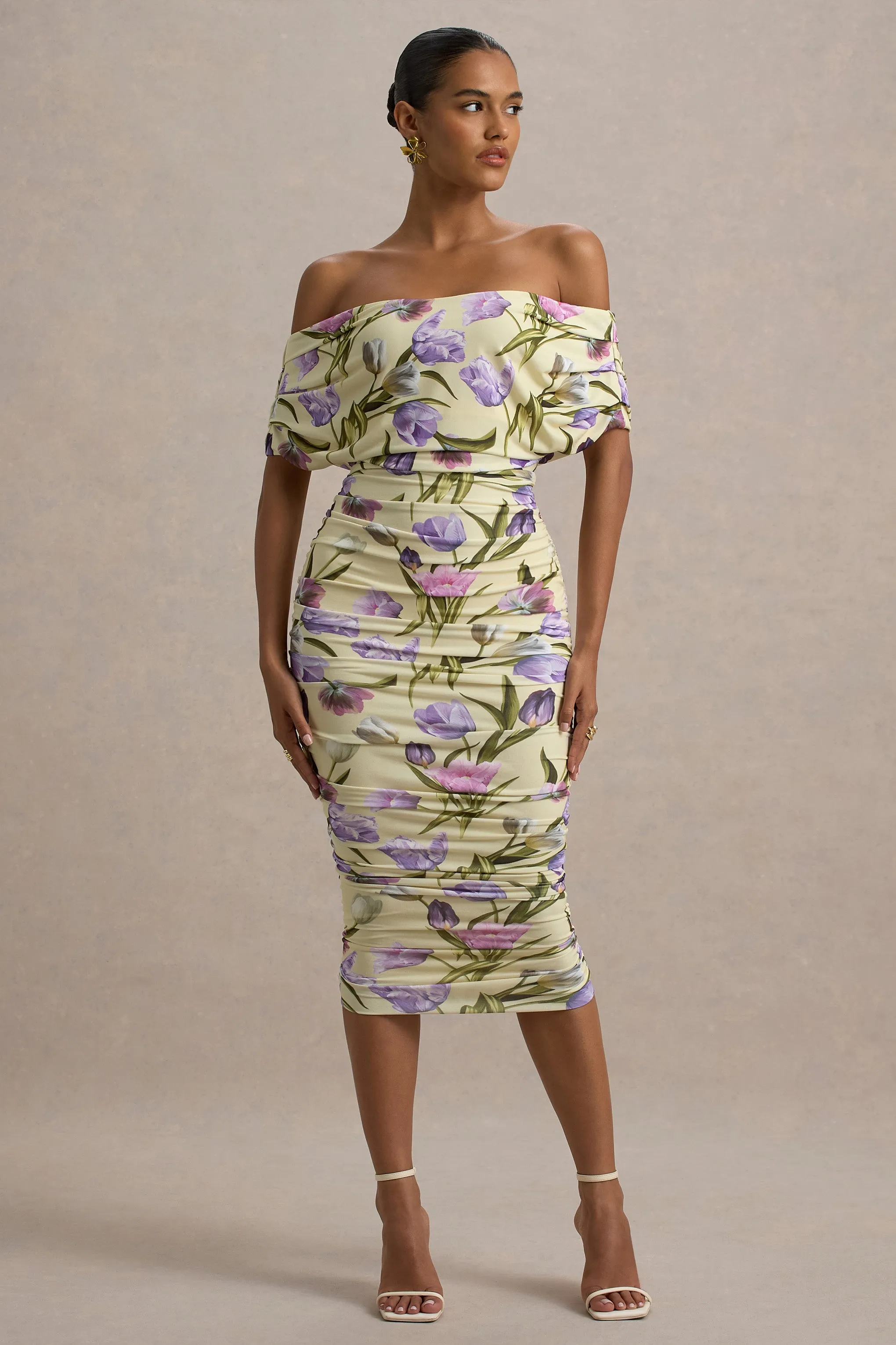 Rayleigh | Tulip Floral Print Bardot Ruched Midi Dress Club L London