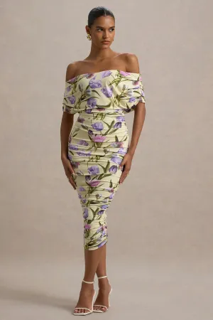 Rayleigh | Tulip Floral Print Bardot Ruched Midi Dress Club L London