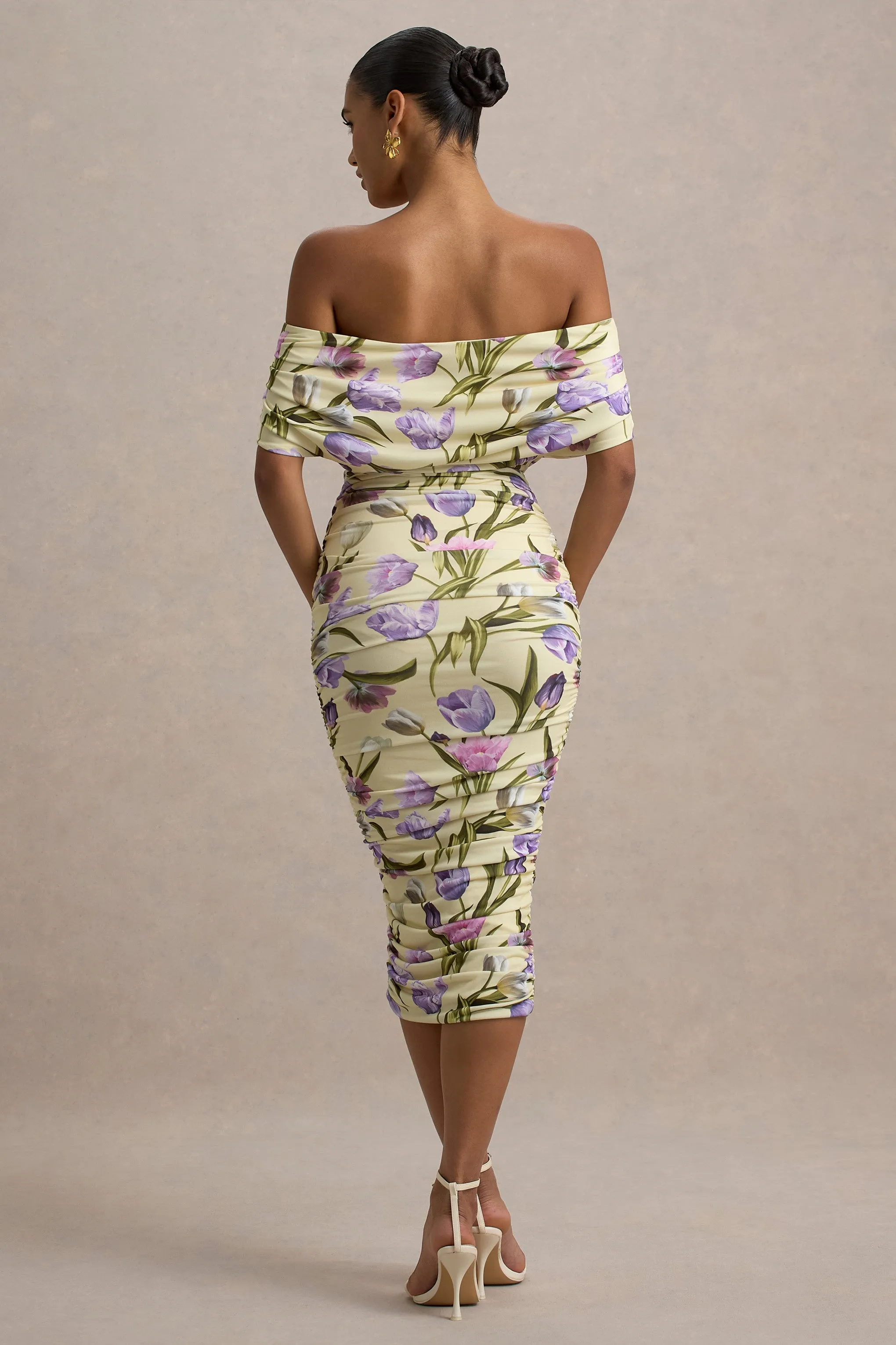 Rayleigh | Tulip Floral Print Bardot Ruched Midi Dress Club L London