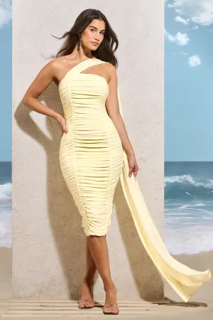 Realign | Lemon Ruched One Shoulder Midi Dress With Sash Club L London