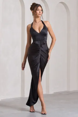 Rebecca | Black Satin Plunge Halter-Neck Open-Back Split Maxi Dress Club L London