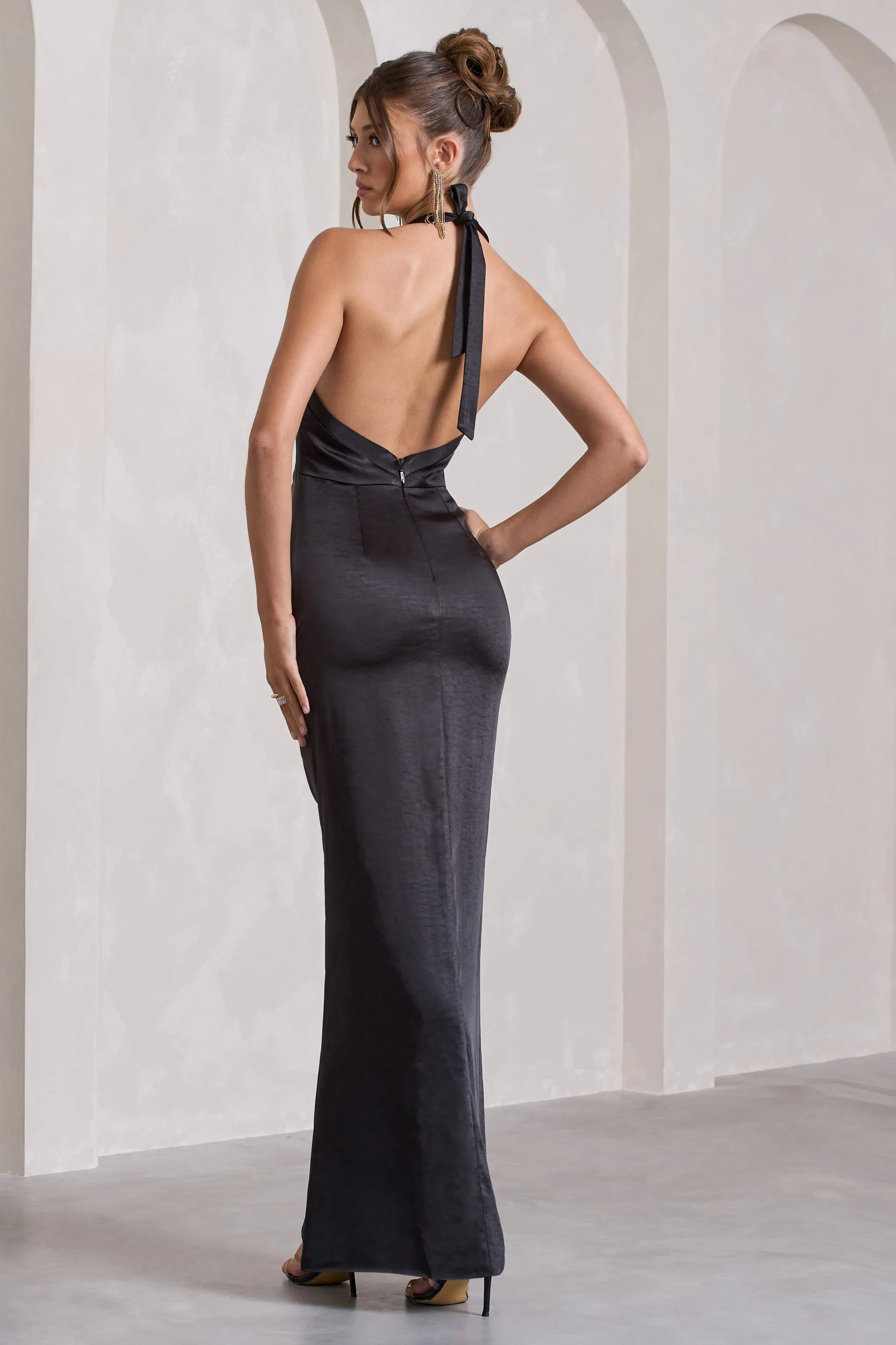 Rebecca | Black Satin Plunge Halter-Neck Open-Back Split Maxi Dress Club L London
