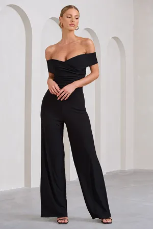 Recognition | Black Off The Shoulder Ruched Jumpsuit Club L London