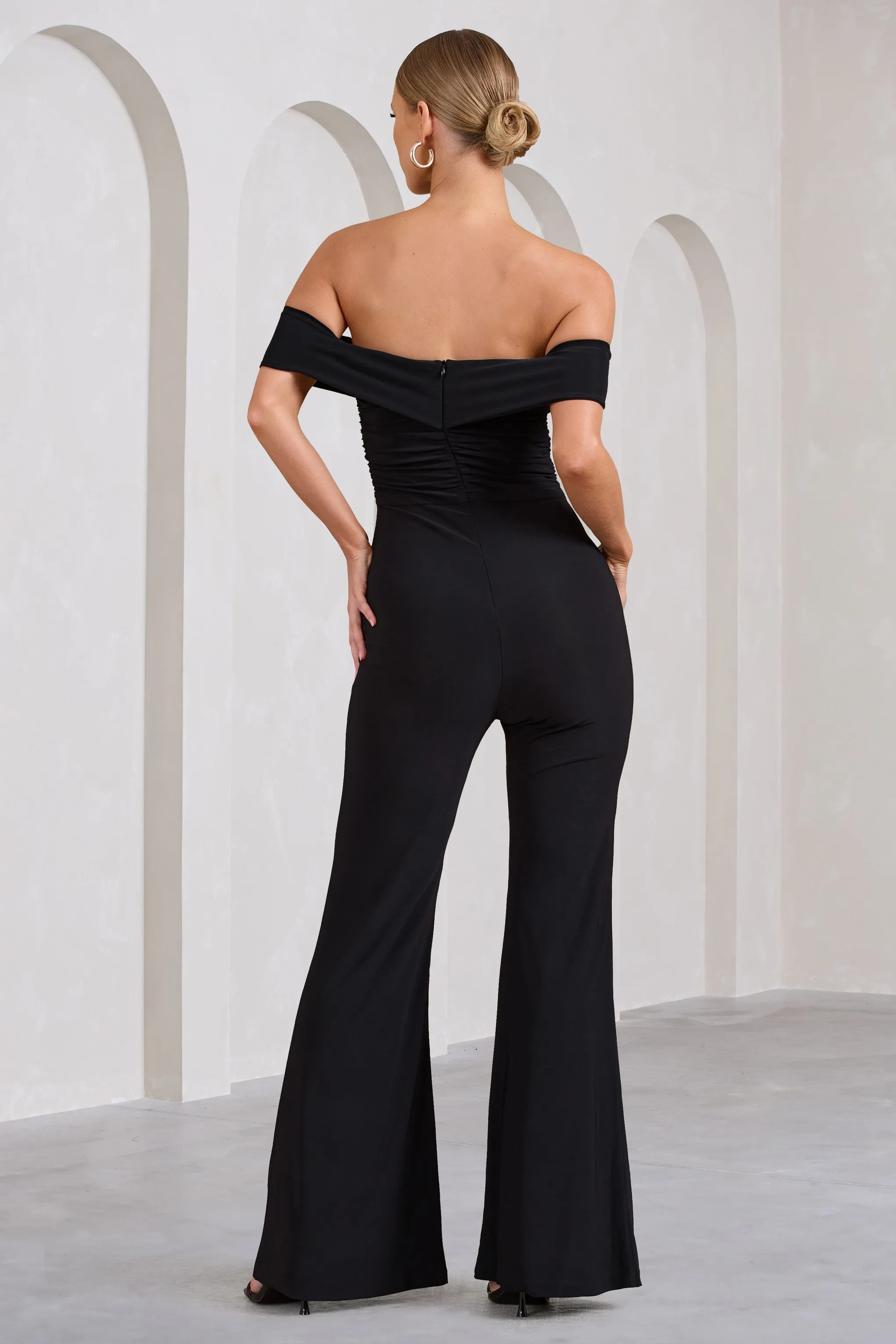 Recognition | Black Off The Shoulder Ruched Jumpsuit Club L London
