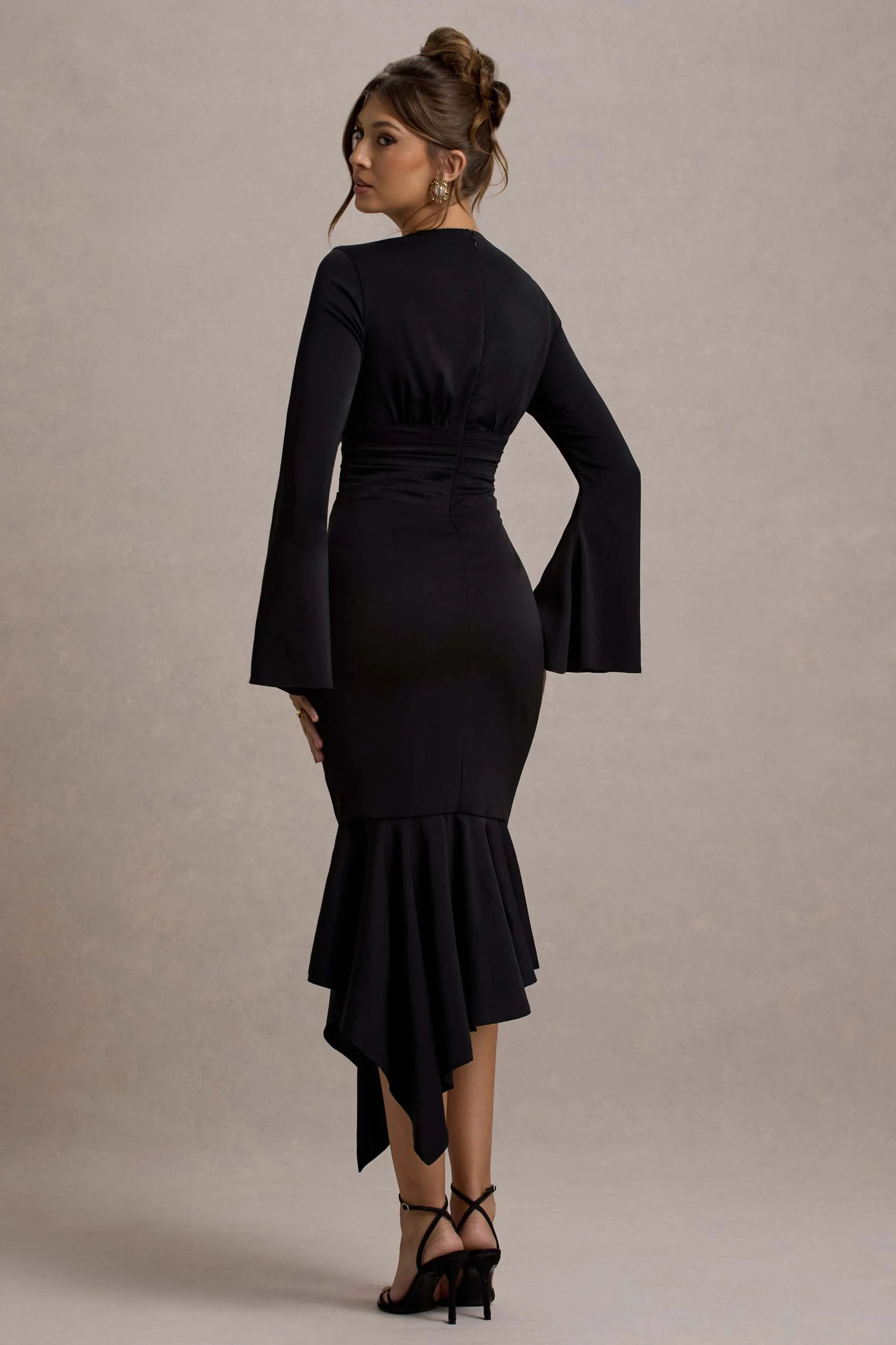 Rehna | Black Plunge-Neck Bell-Sleeve Midi Dress Club L London