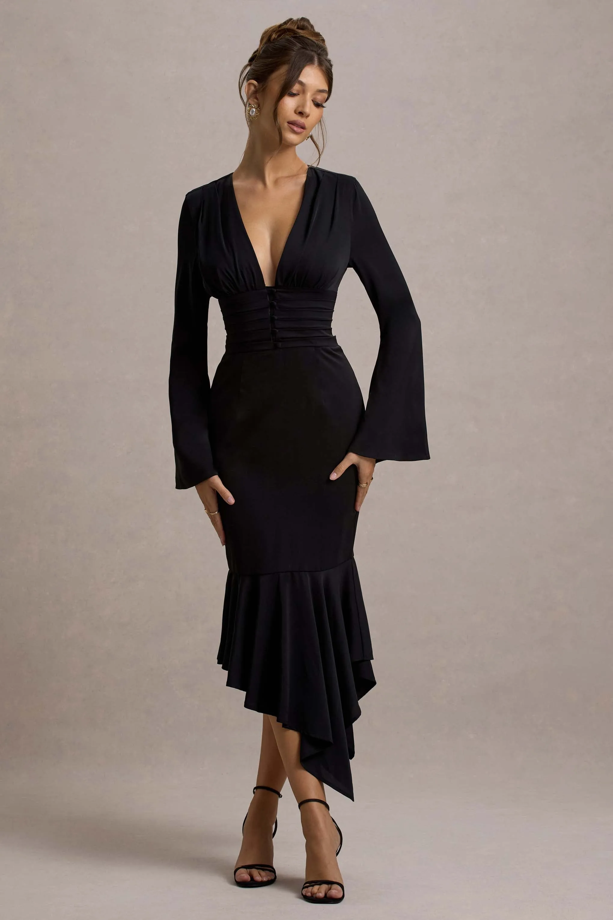 Rehna | Black Plunge-Neck Bell-Sleeve Midi Dress Club L London