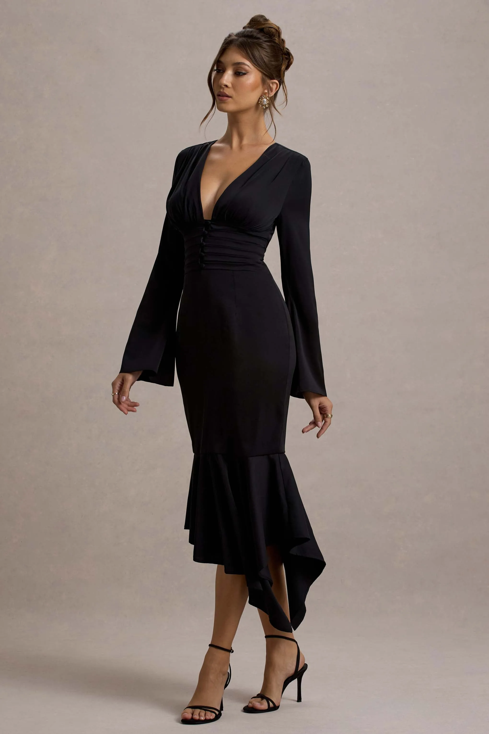 Rehna | Black Plunge-Neck Bell-Sleeve Midi Dress Club L London