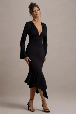 Rehna | Black Plunge-Neck Bell-Sleeve Midi Dress Club L London