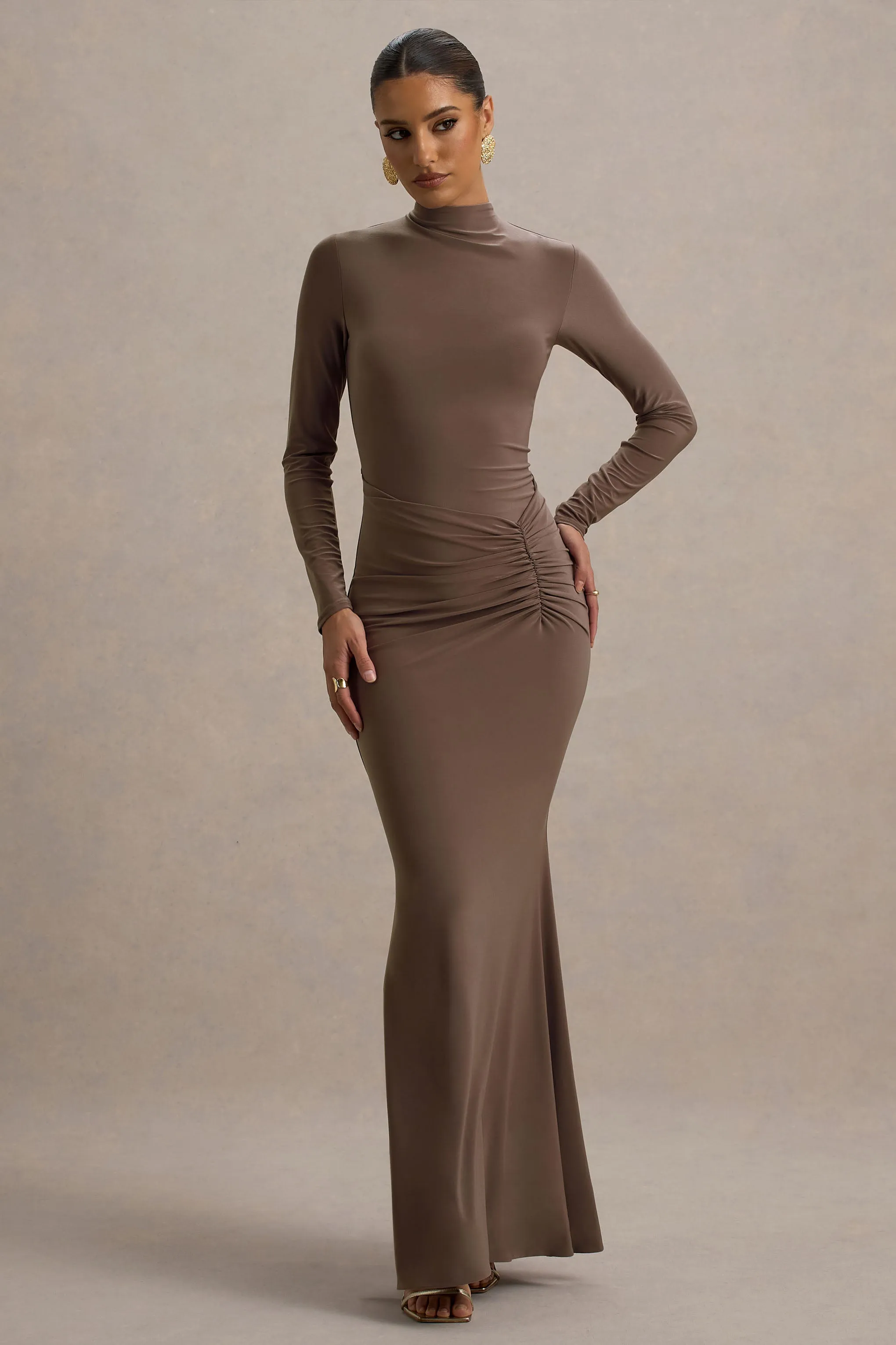 Reid | Brown Long-Sleeve Gathered Maxi Dress Club L London