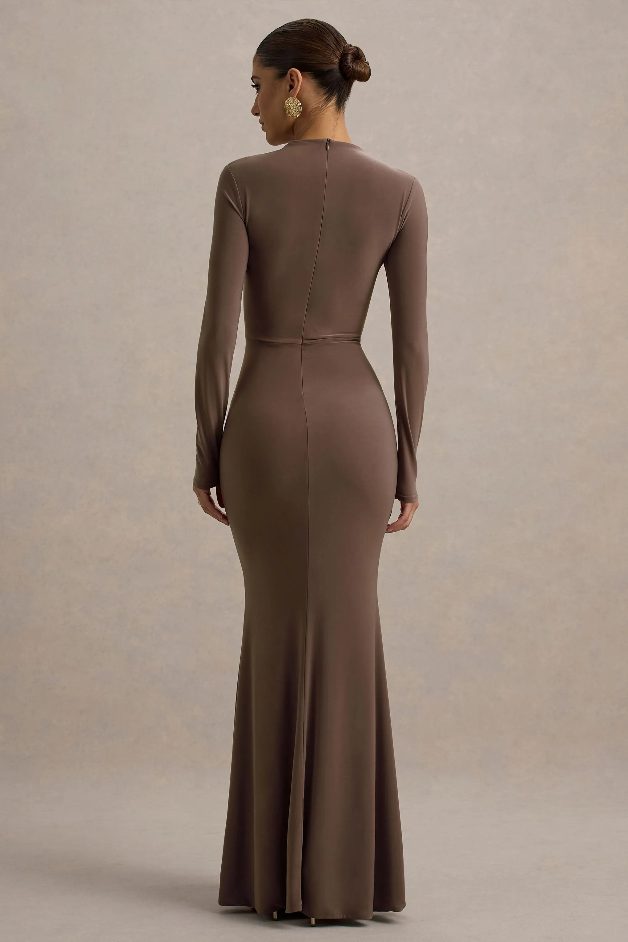 Reid | Brown Long-Sleeve Gathered Maxi Dress Club L London