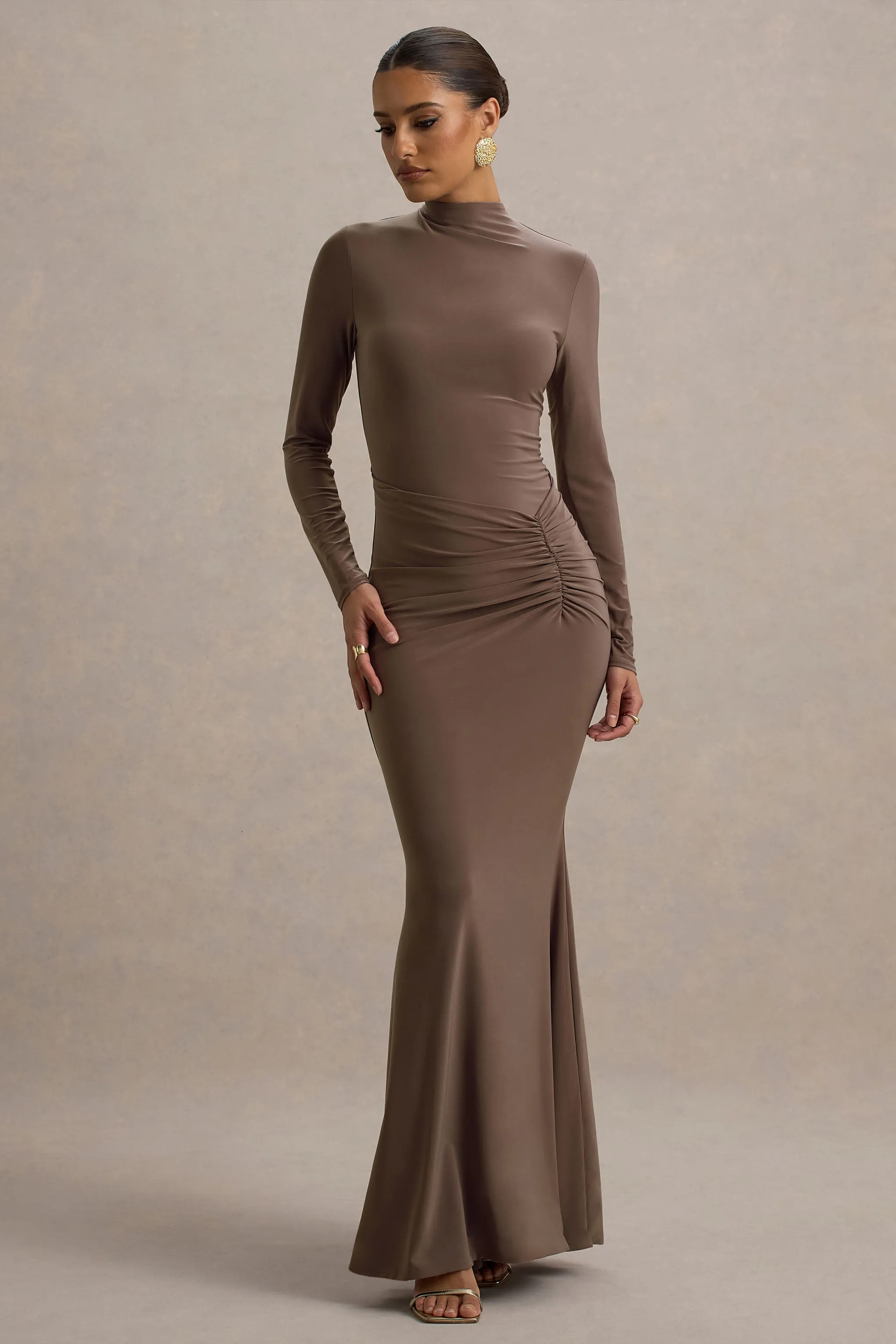 Reid | Brown Long-Sleeve Gathered Maxi Dress Club L London