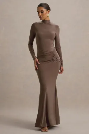 Reid | Brown Long-Sleeve Gathered Maxi Dress Club L London