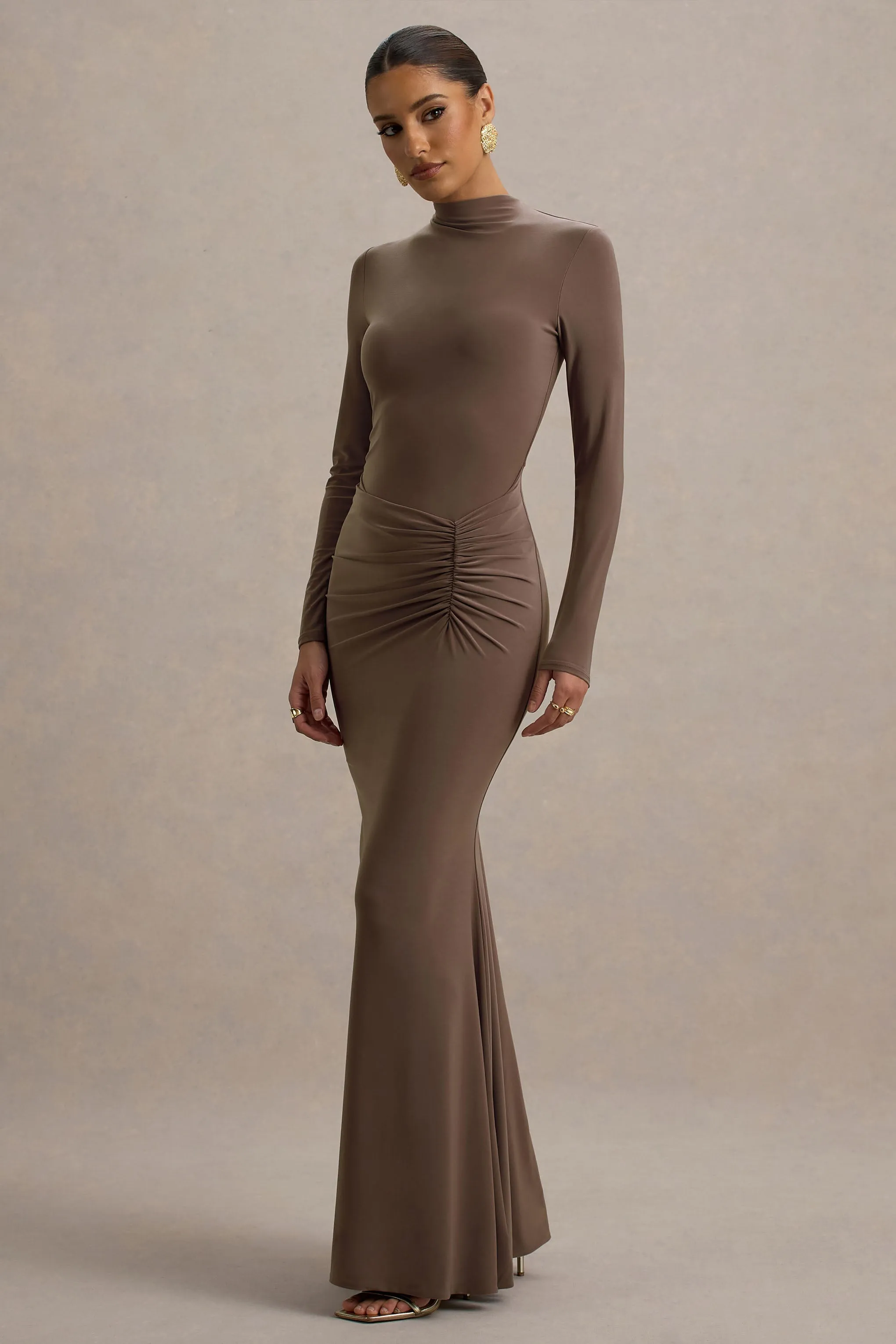 Reid | Brown Long-Sleeve Gathered Maxi Dress Club L London