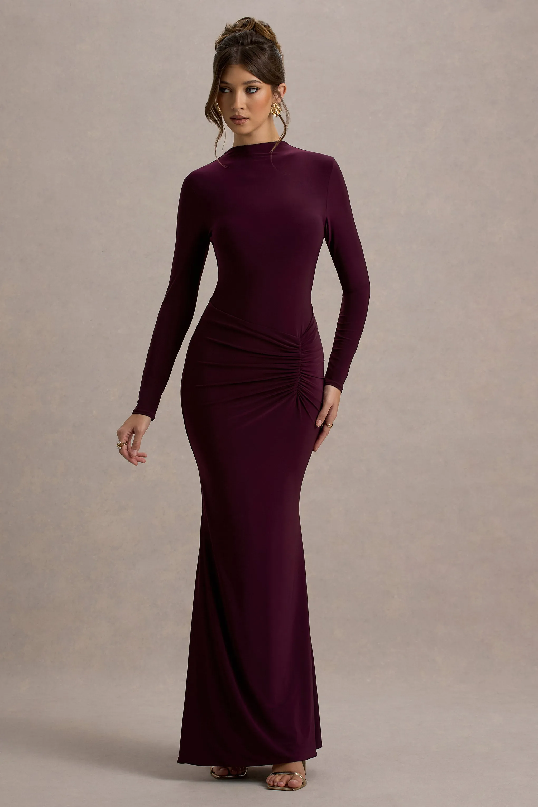 Reid | Plum Long-Sleeve Gathered Maxi Dress Club L London