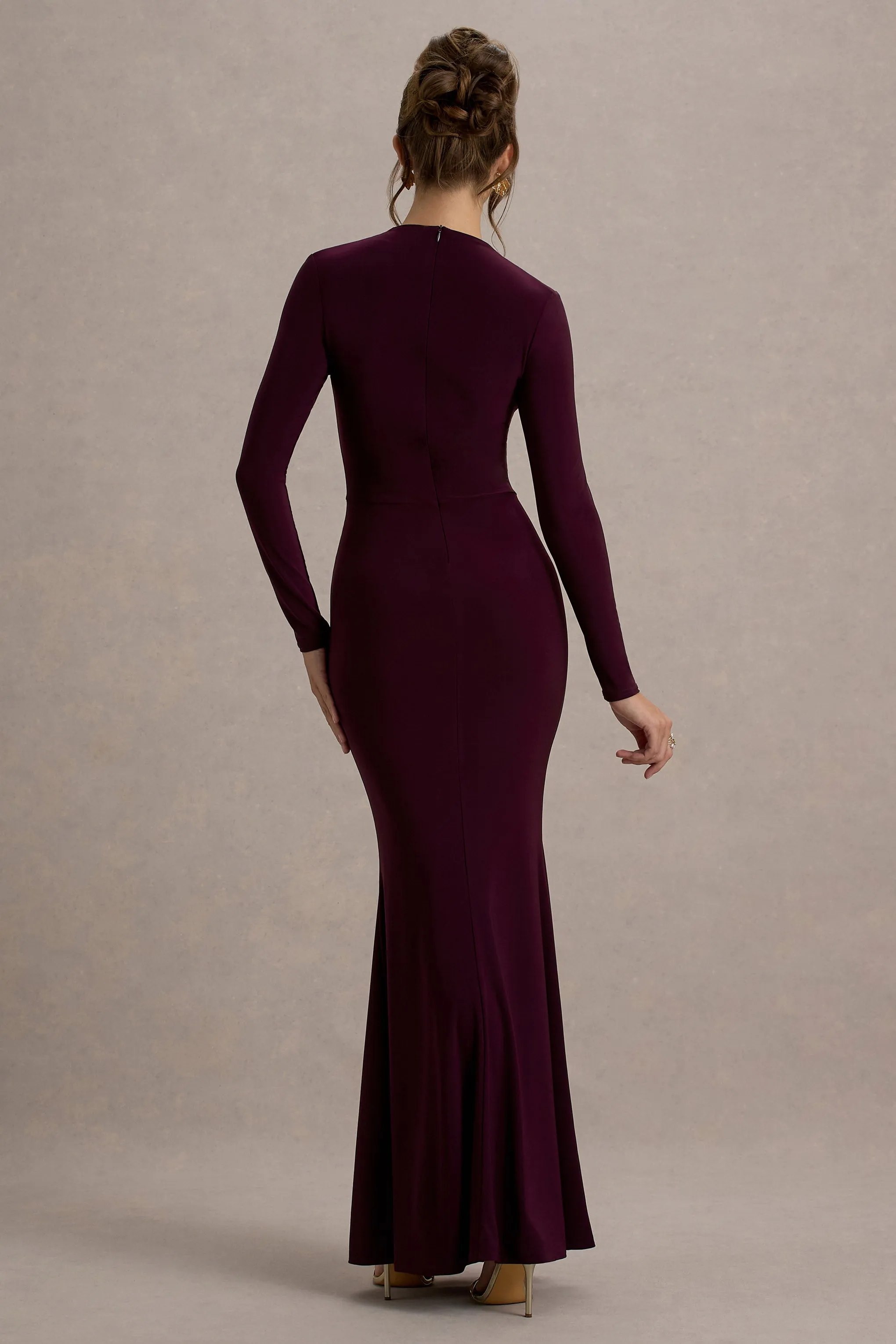 Reid | Plum Long-Sleeve Gathered Maxi Dress Club L London