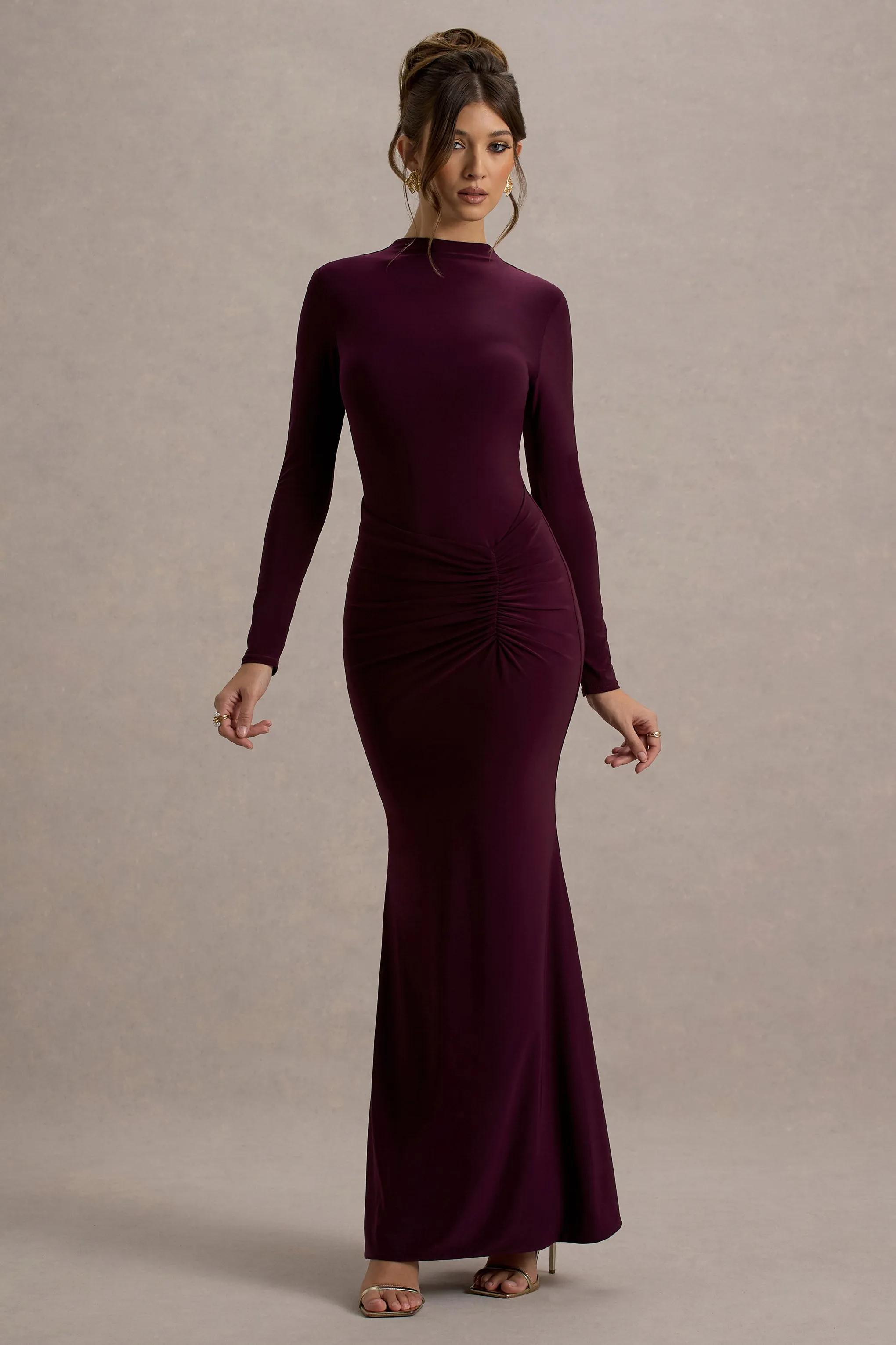 Reid | Plum Long-Sleeve Gathered Maxi Dress Club L London