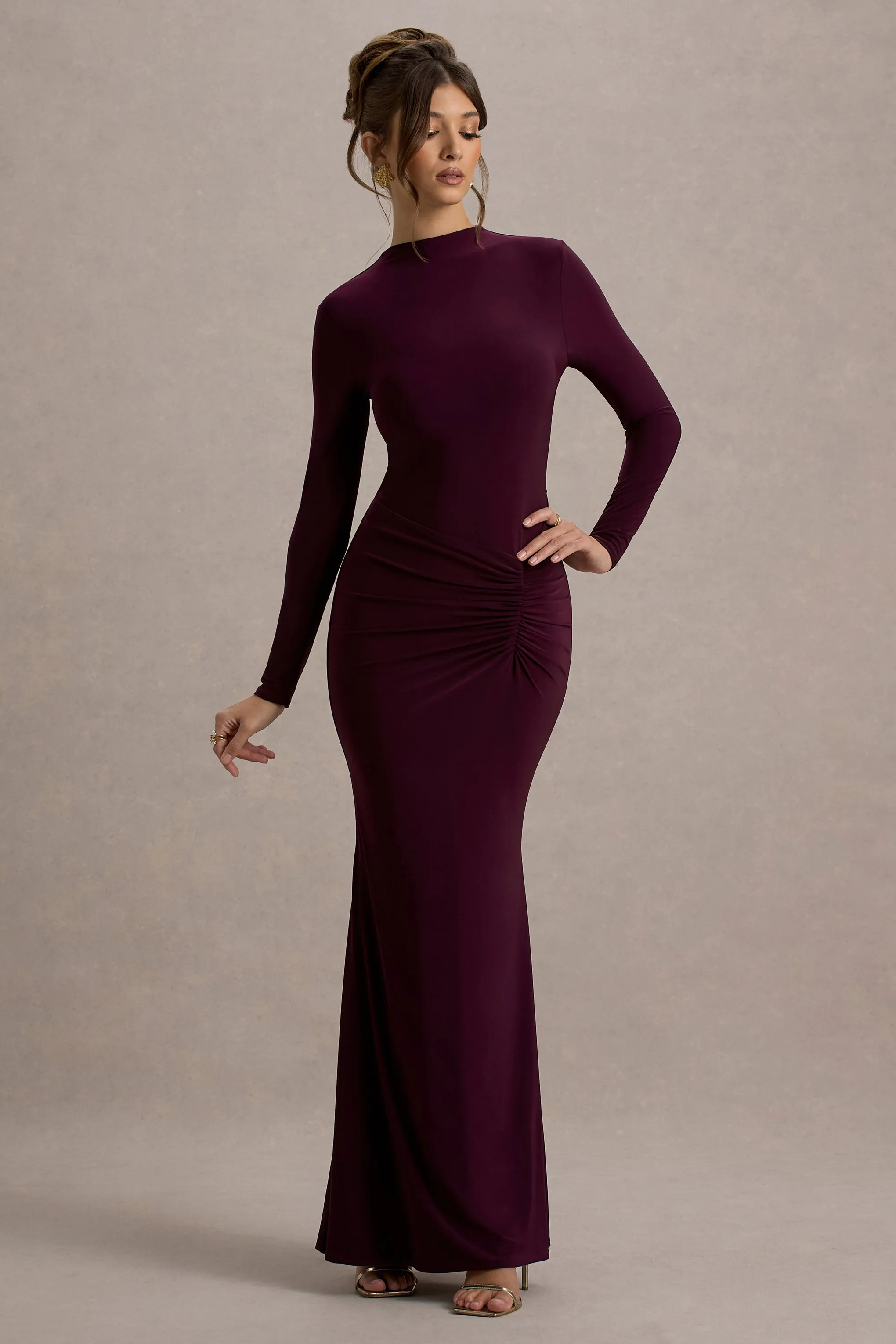 Reid | Plum Long-Sleeve Gathered Maxi Dress Club L London