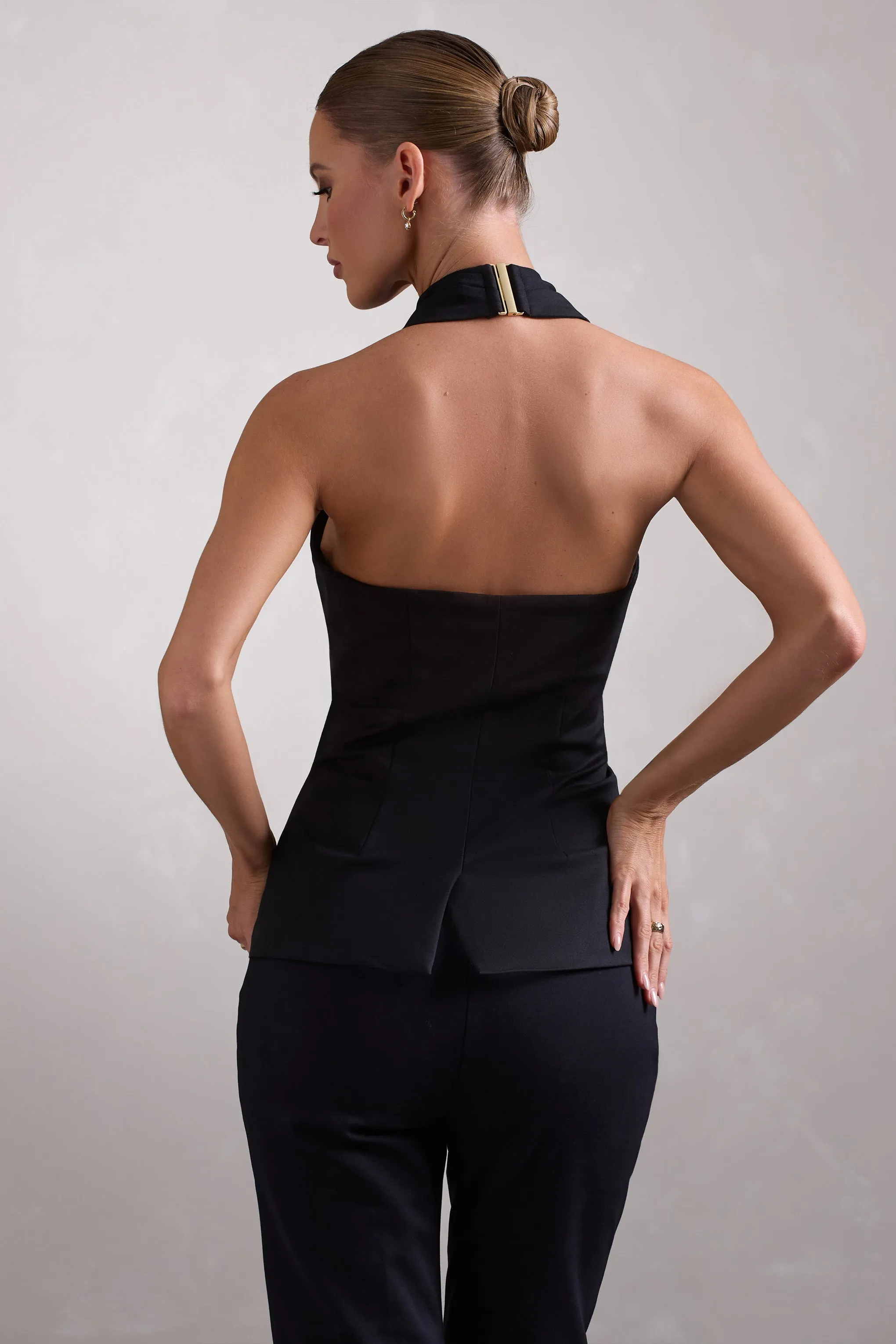 Remi | Black Cross Halter Neck Tailored Sleeveless Blazer Top Club L London