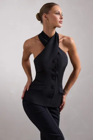 Remi | Black Cross Halter Neck Tailored Sleeveless Blazer Top Club L London