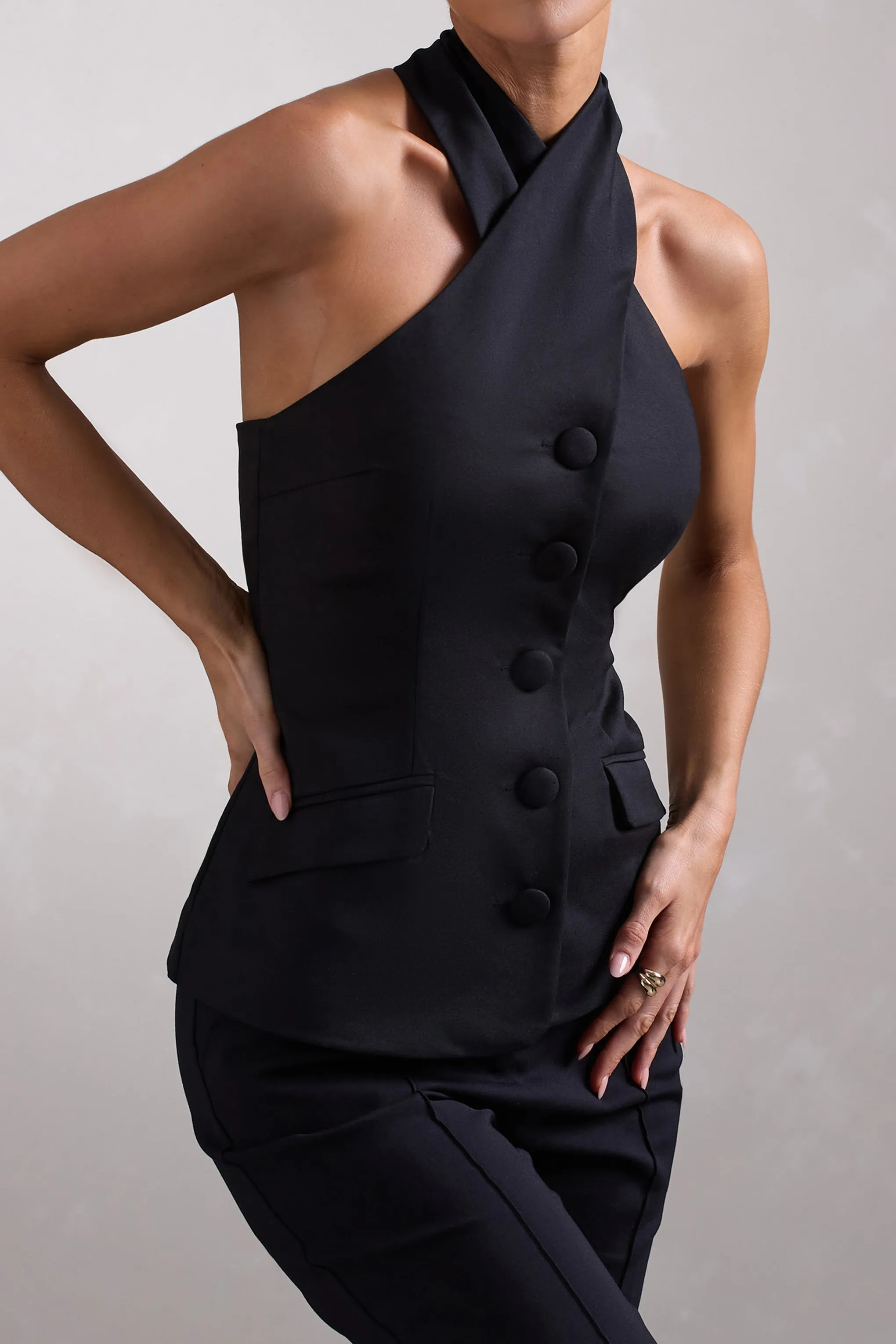 Remi | Black Cross Halter Neck Tailored Sleeveless Blazer Top Club L London