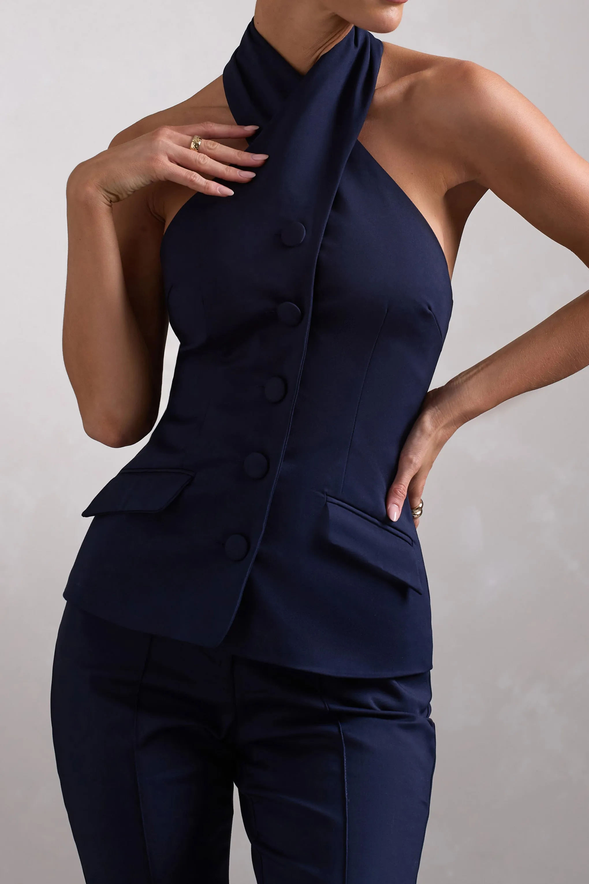 Remi | Navy Cross Halter Neck Tailored Sleeveless Blazer Top Club L London