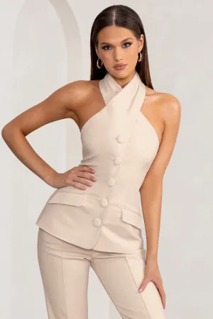 Remi | Stone Cross Halter Neck Tailored Sleeveless Blazer Top Club L London