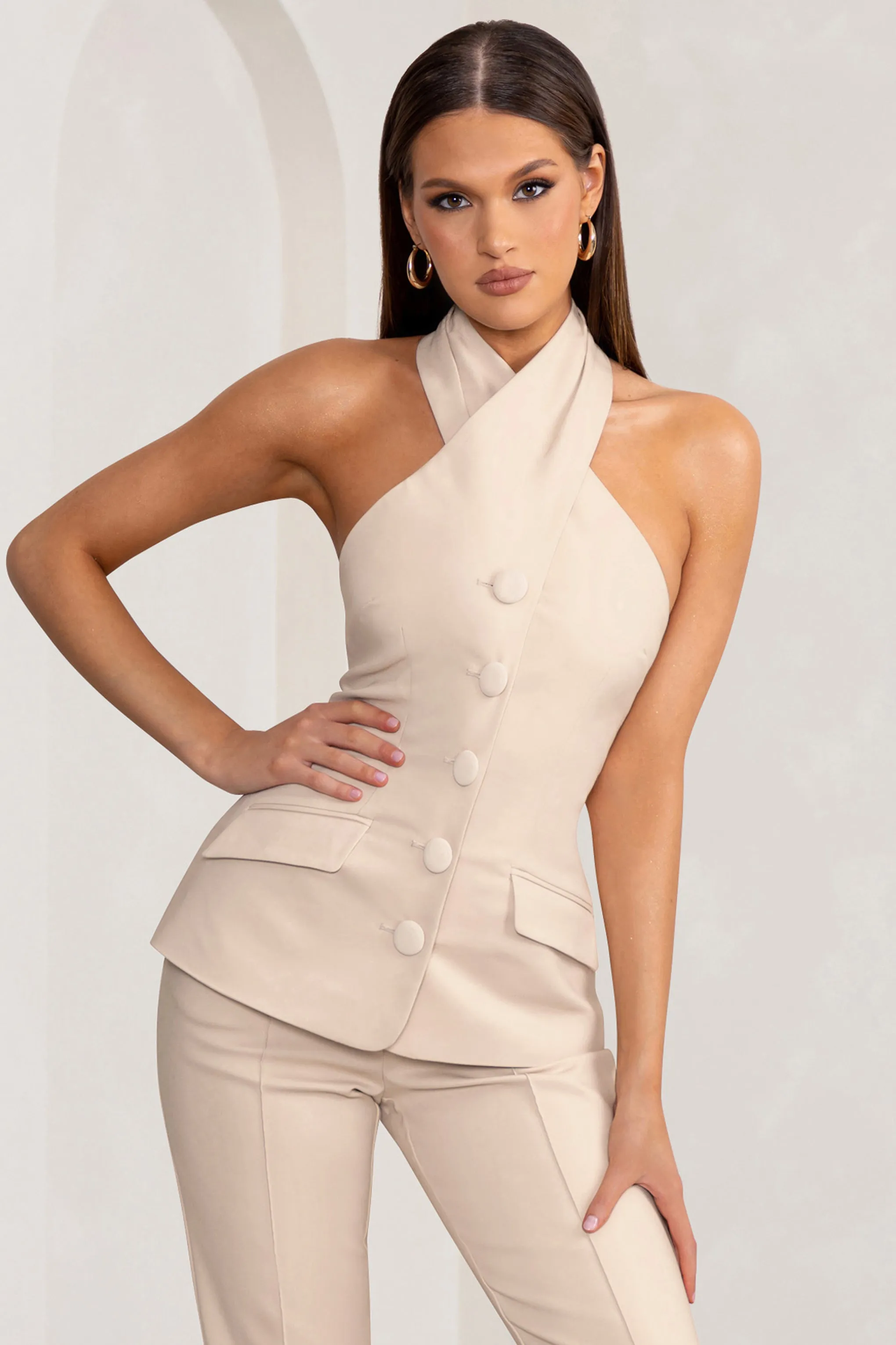 Remi | Stone Cross Halter Neck Tailored Sleeveless Blazer Top Club L London