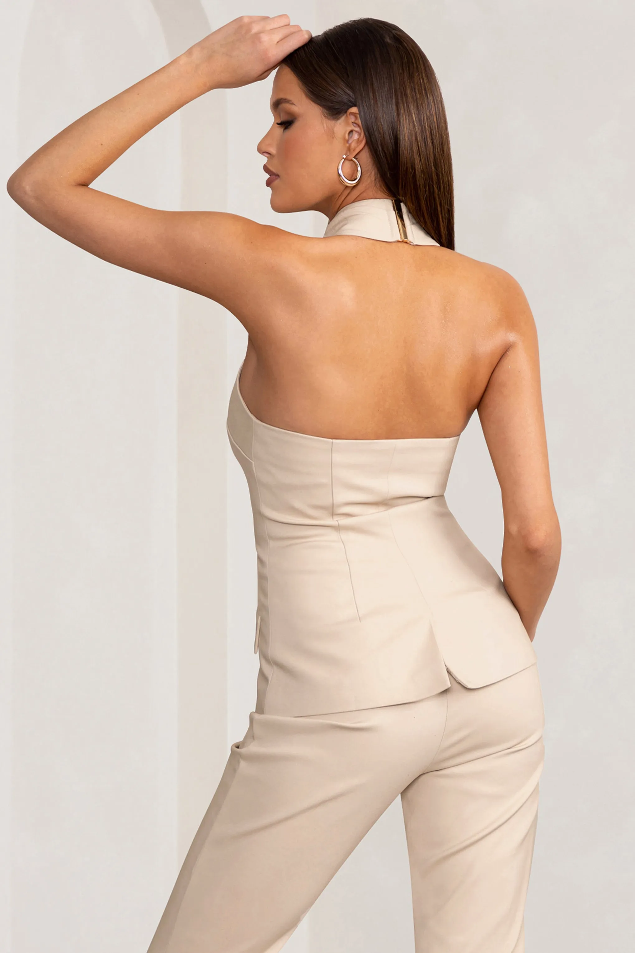 Remi | Stone Cross Halter Neck Tailored Sleeveless Blazer Top Club L London