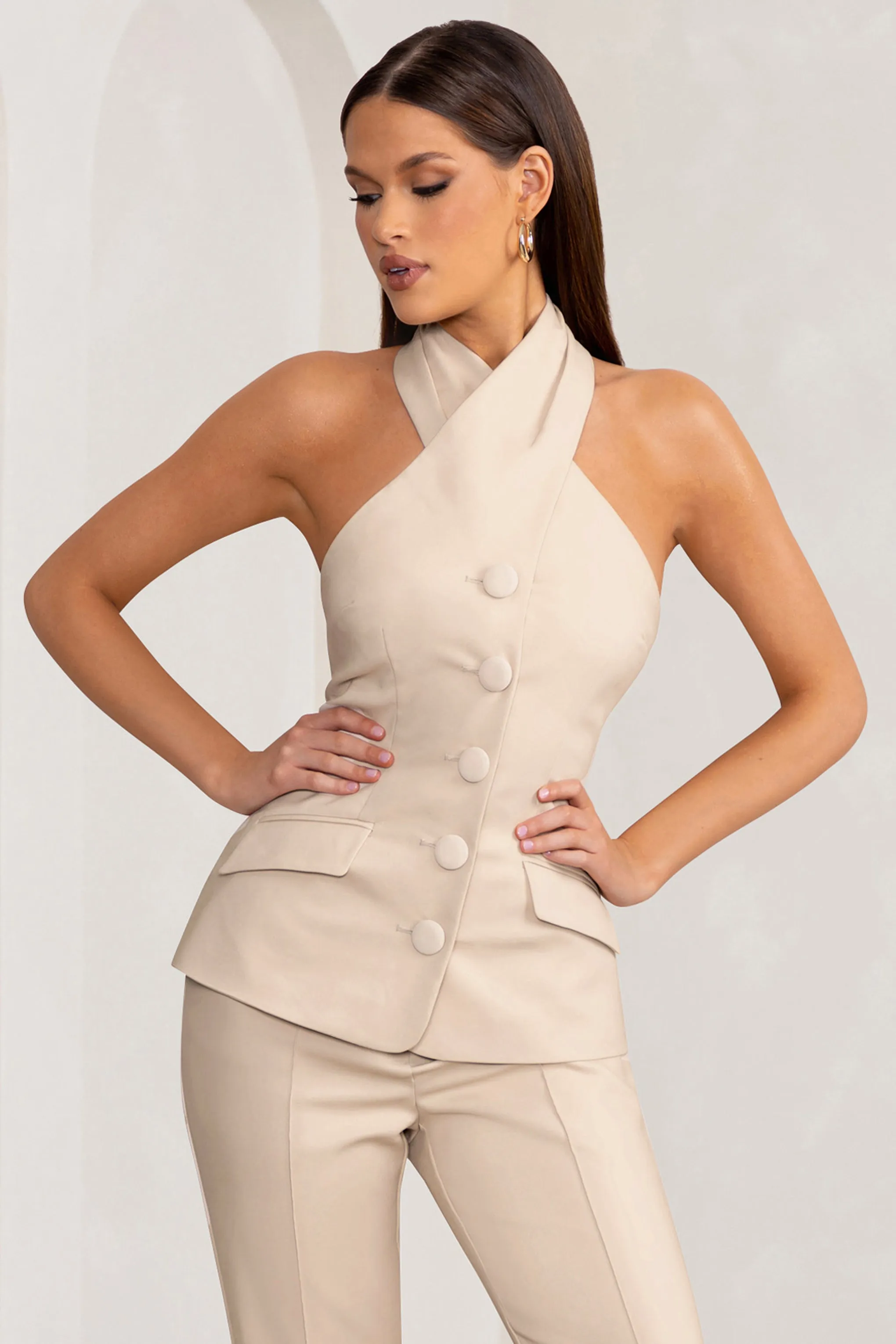 Remi | Stone Cross Halter Neck Tailored Sleeveless Blazer Top Club L London