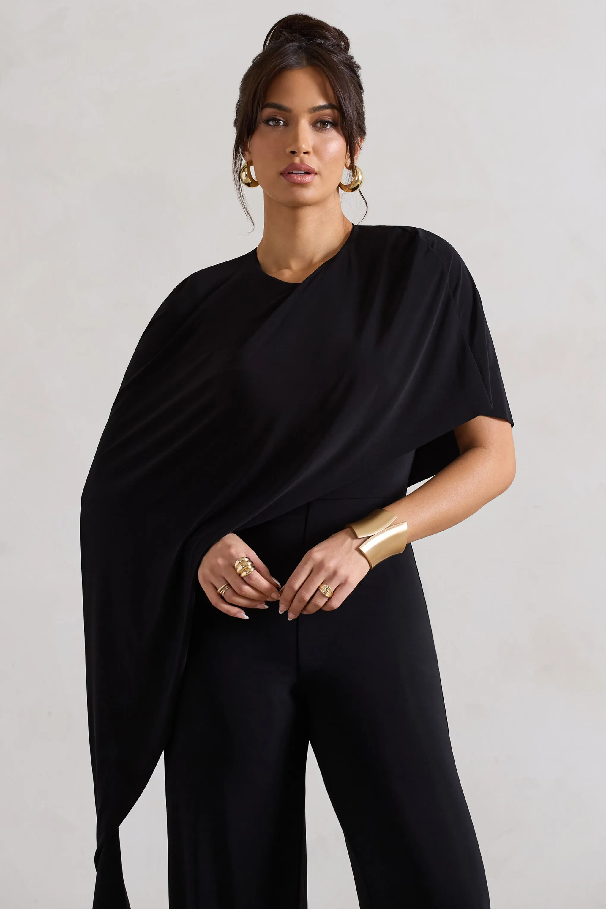 Reserve | Black Wide-Leg Jumpsuit With Asymmetric Cape Club L London