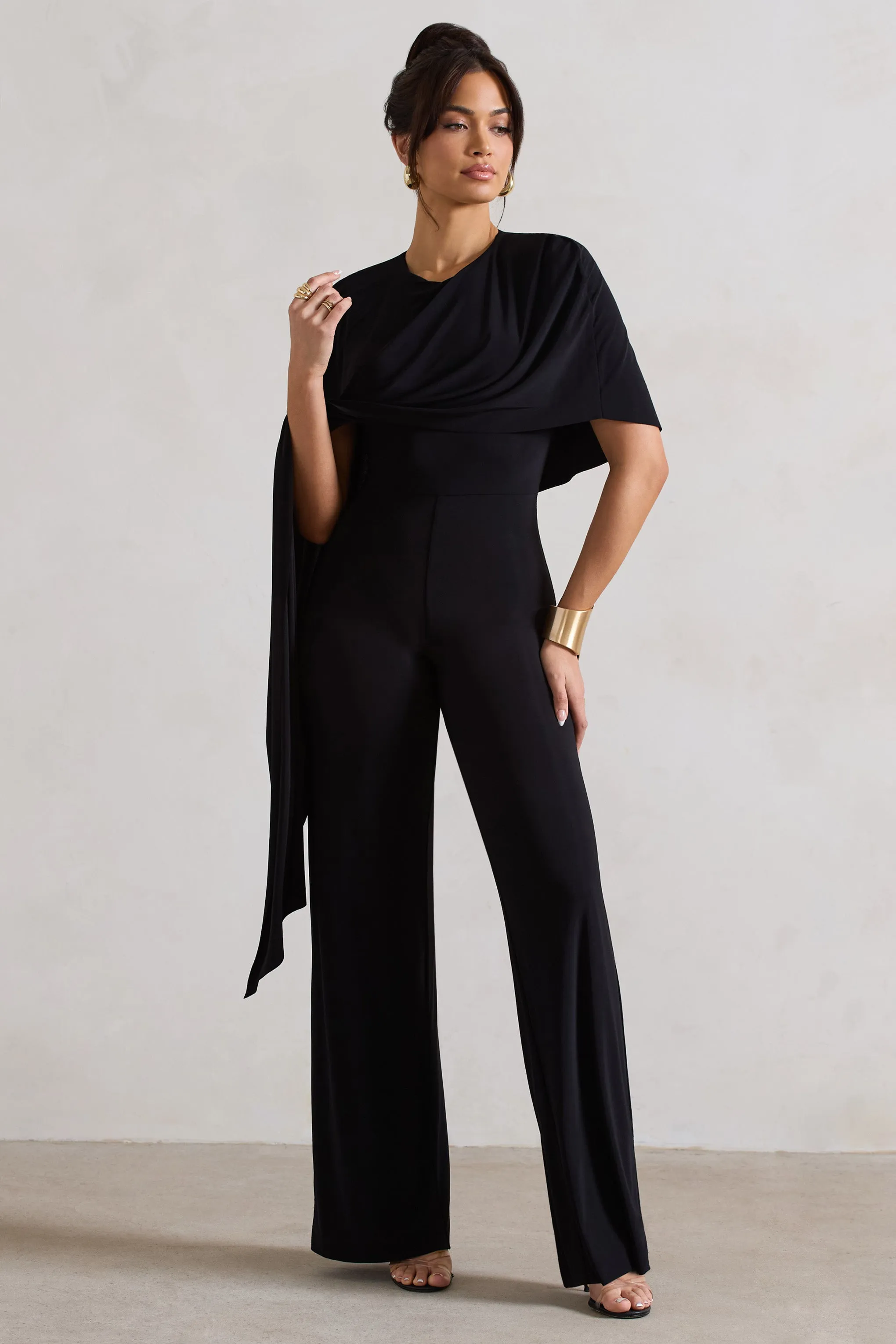 Reserve | Black Wide-Leg Jumpsuit With Asymmetric Cape Club L London