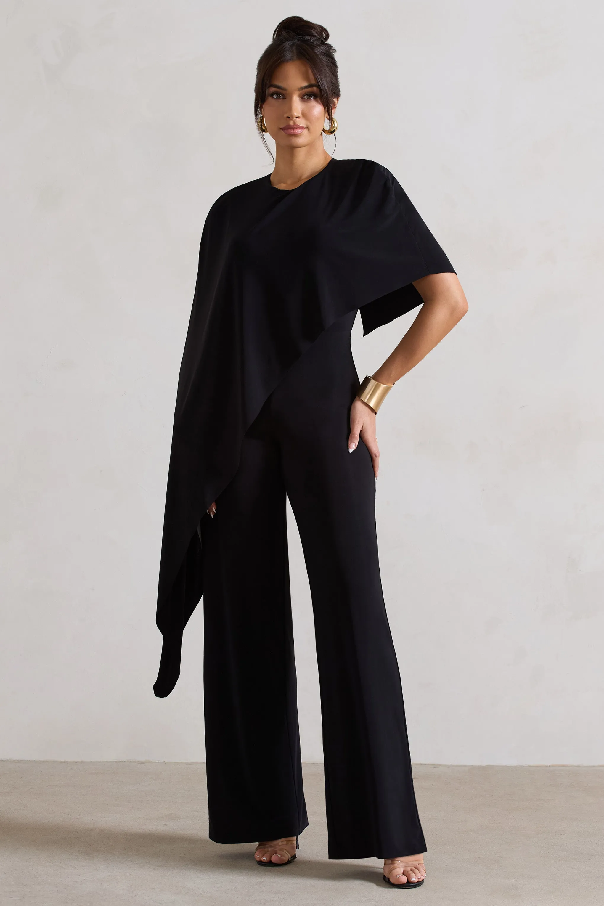 Reserve | Black Wide-Leg Jumpsuit With Asymmetric Cape Club L London