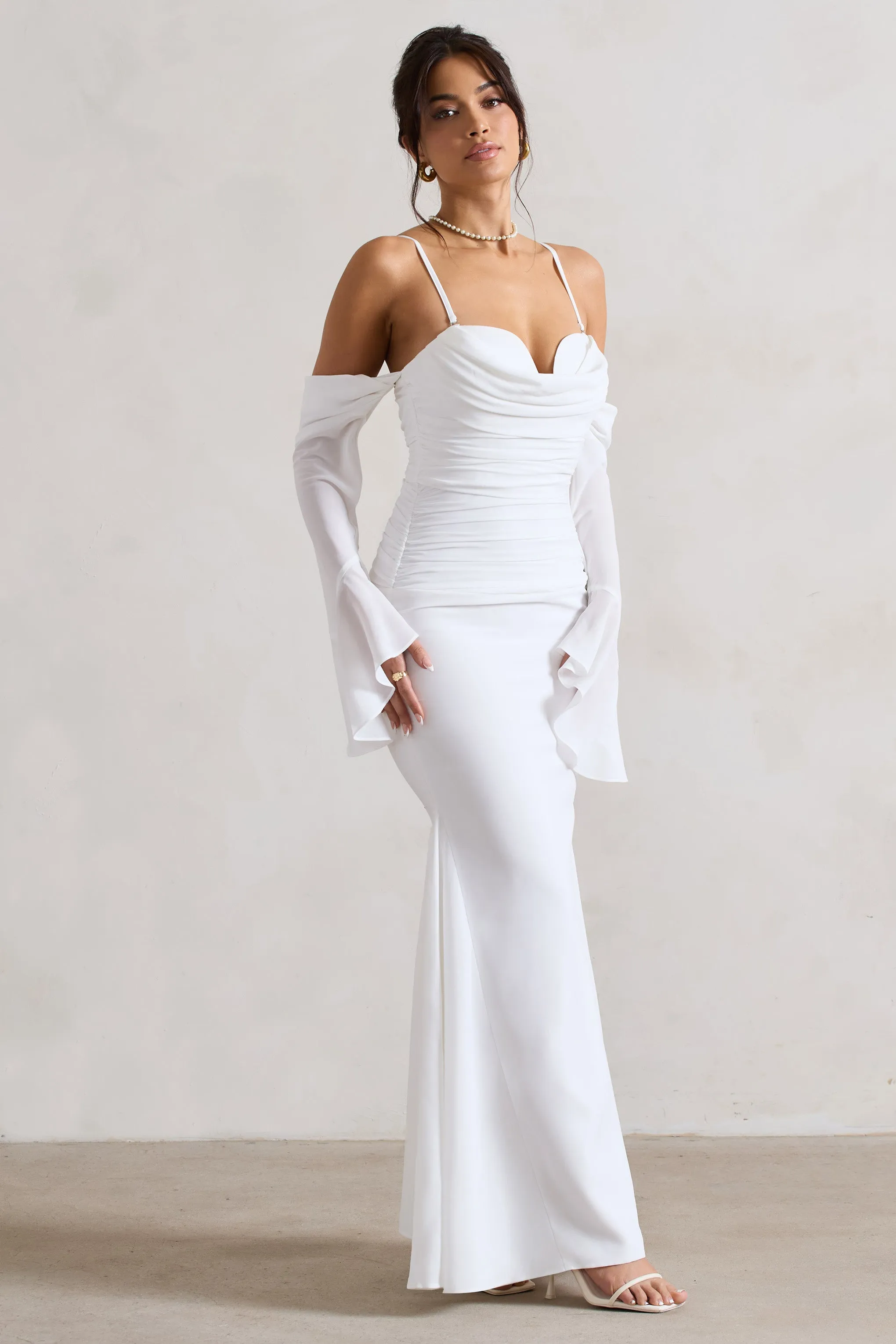 Rhiannon | Cream Draped Flared-Sleeve Fishtail Maxi Dress Club L London
