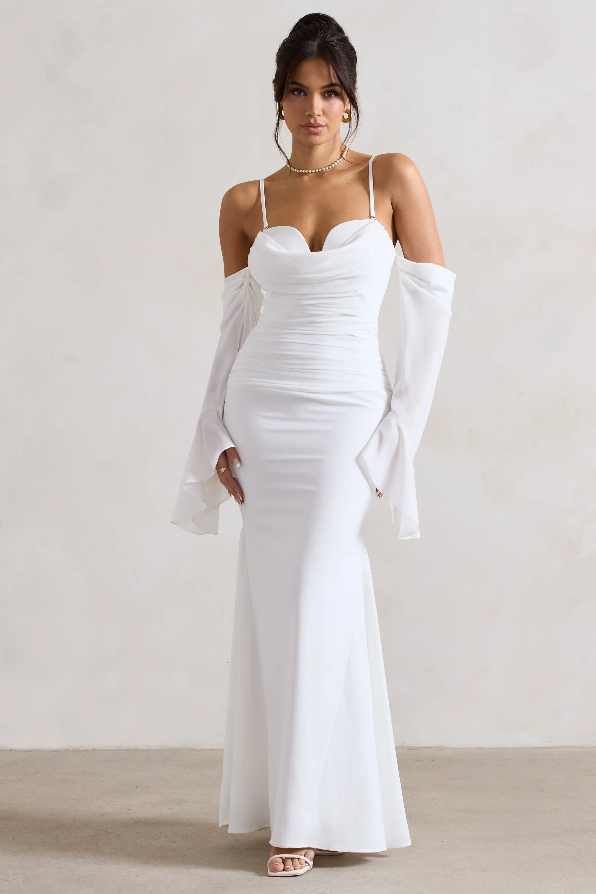 Rhiannon | Cream Draped Flared-Sleeve Fishtail Maxi Dress Club L London