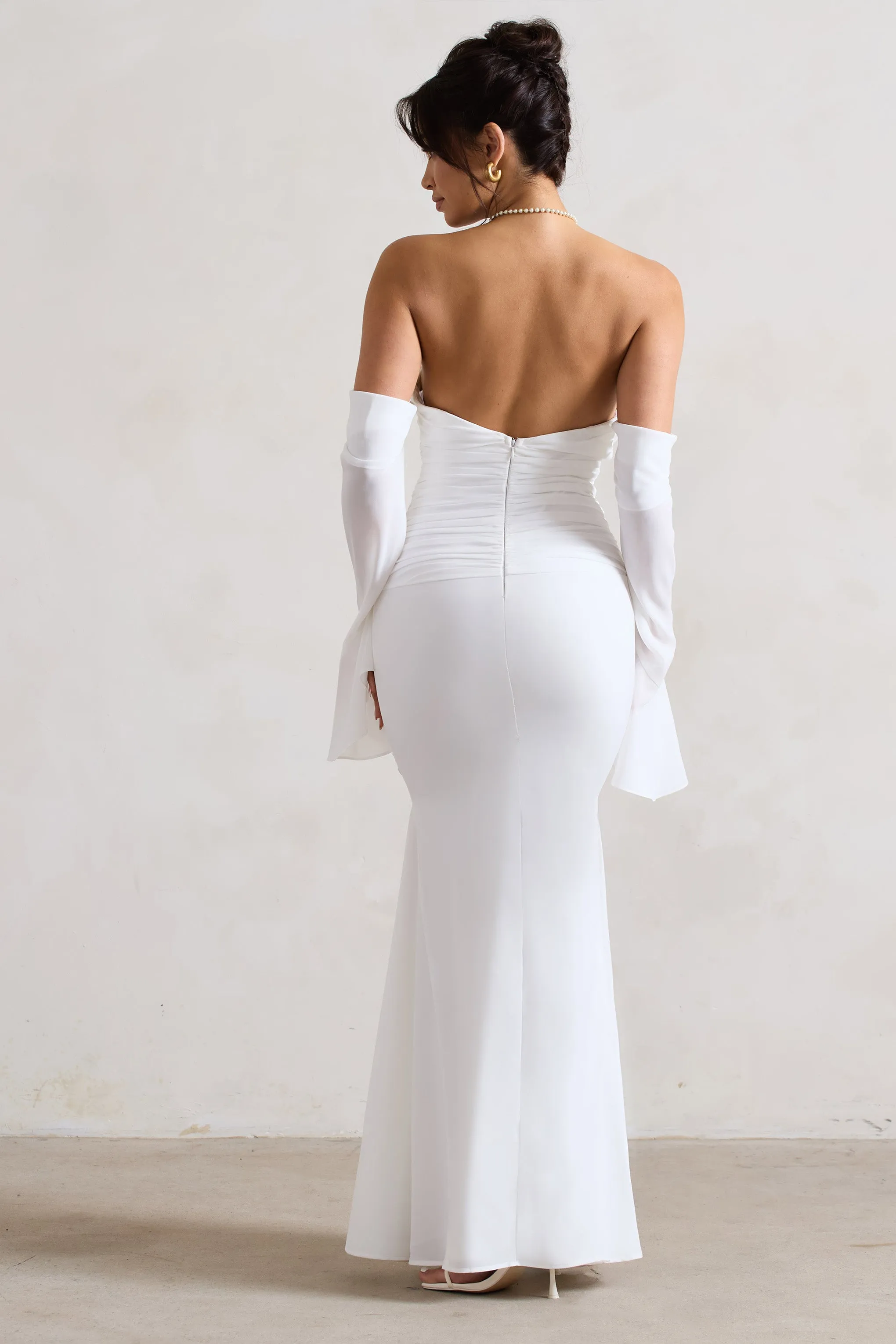 Rhiannon | Cream Draped Flared-Sleeve Fishtail Maxi Dress Club L London