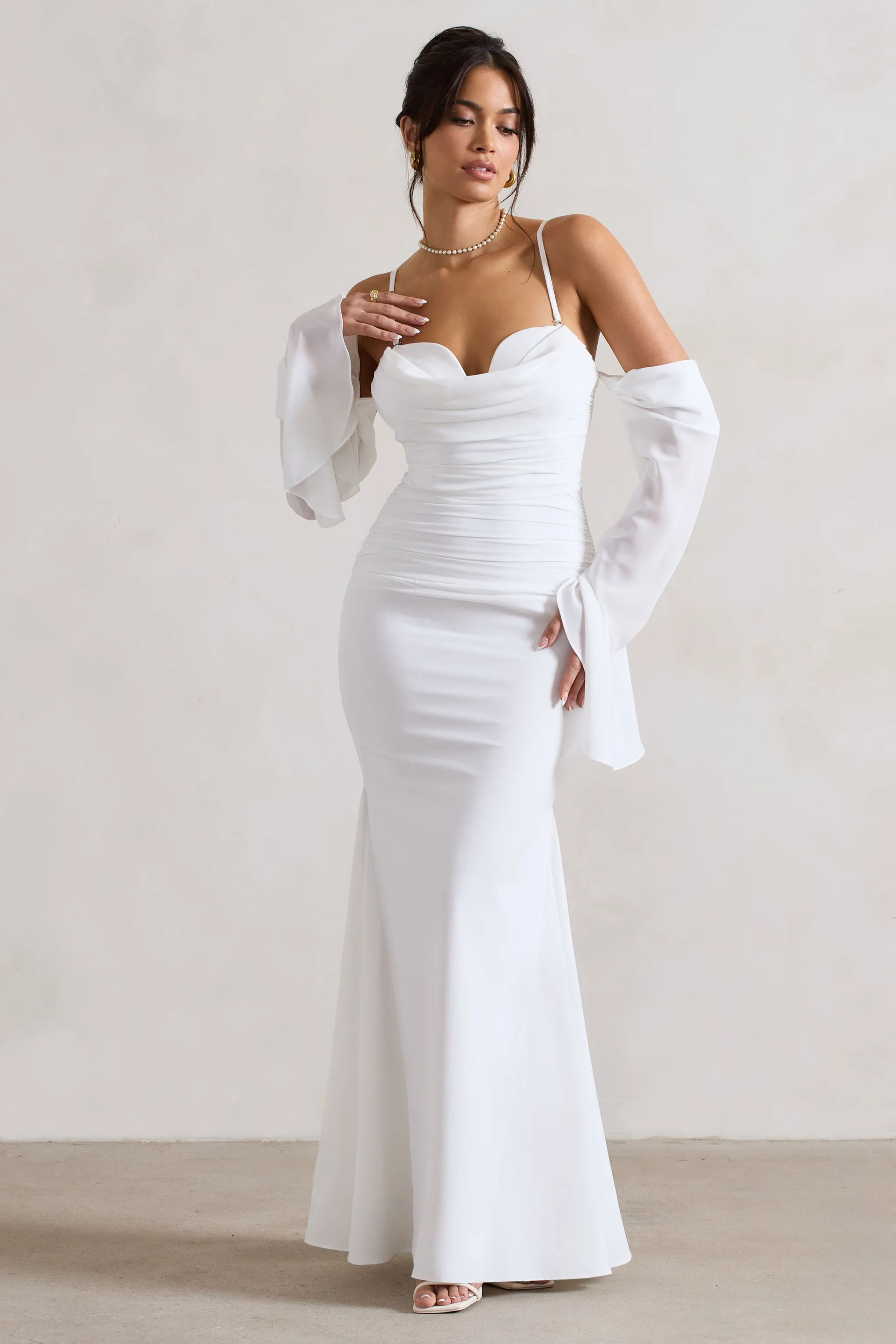 Rhiannon | Cream Draped Flared-Sleeve Fishtail Maxi Dress Club L London