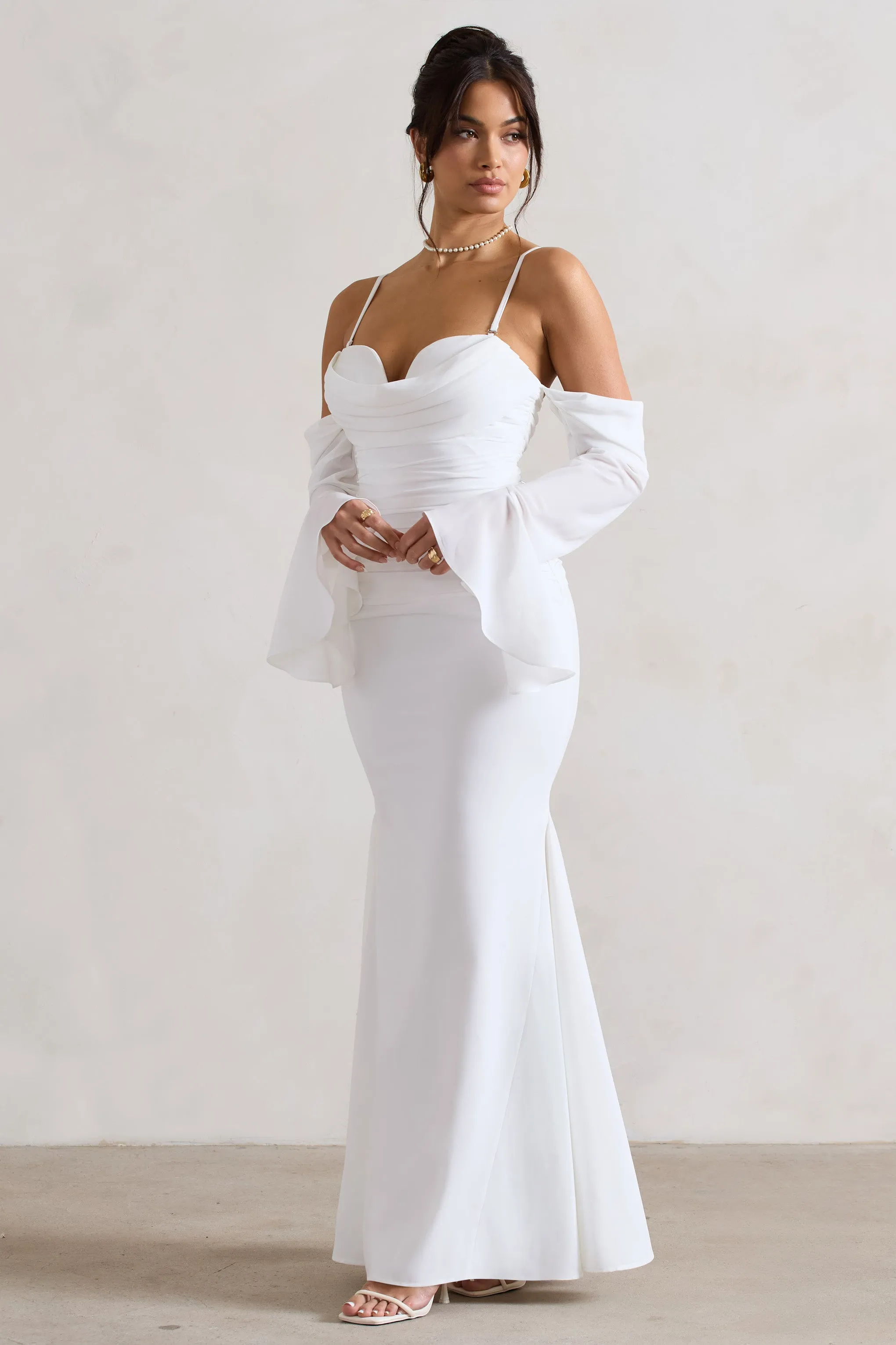 Rhiannon | Cream Draped Flared-Sleeve Fishtail Maxi Dress Club L London