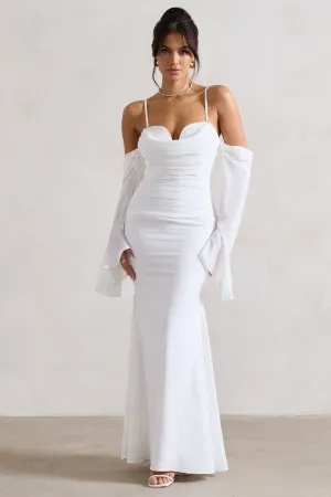 Rhiannon | Cream Draped Flared-Sleeve Fishtail Maxi Dress Club L London