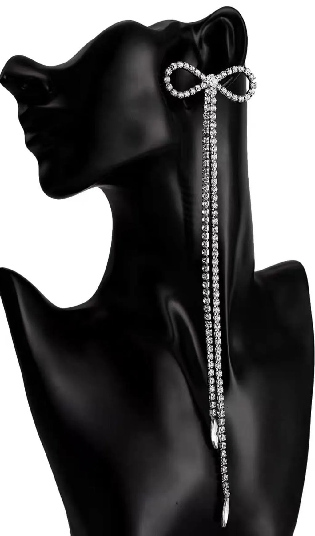 RHINESTONE BOW LONG CHAIN EARRINGS IN WHITE Gloria Lanvin
