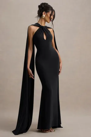 Rhoda | Black Twist Halter-Neck Cape Maxi Dress Club L London