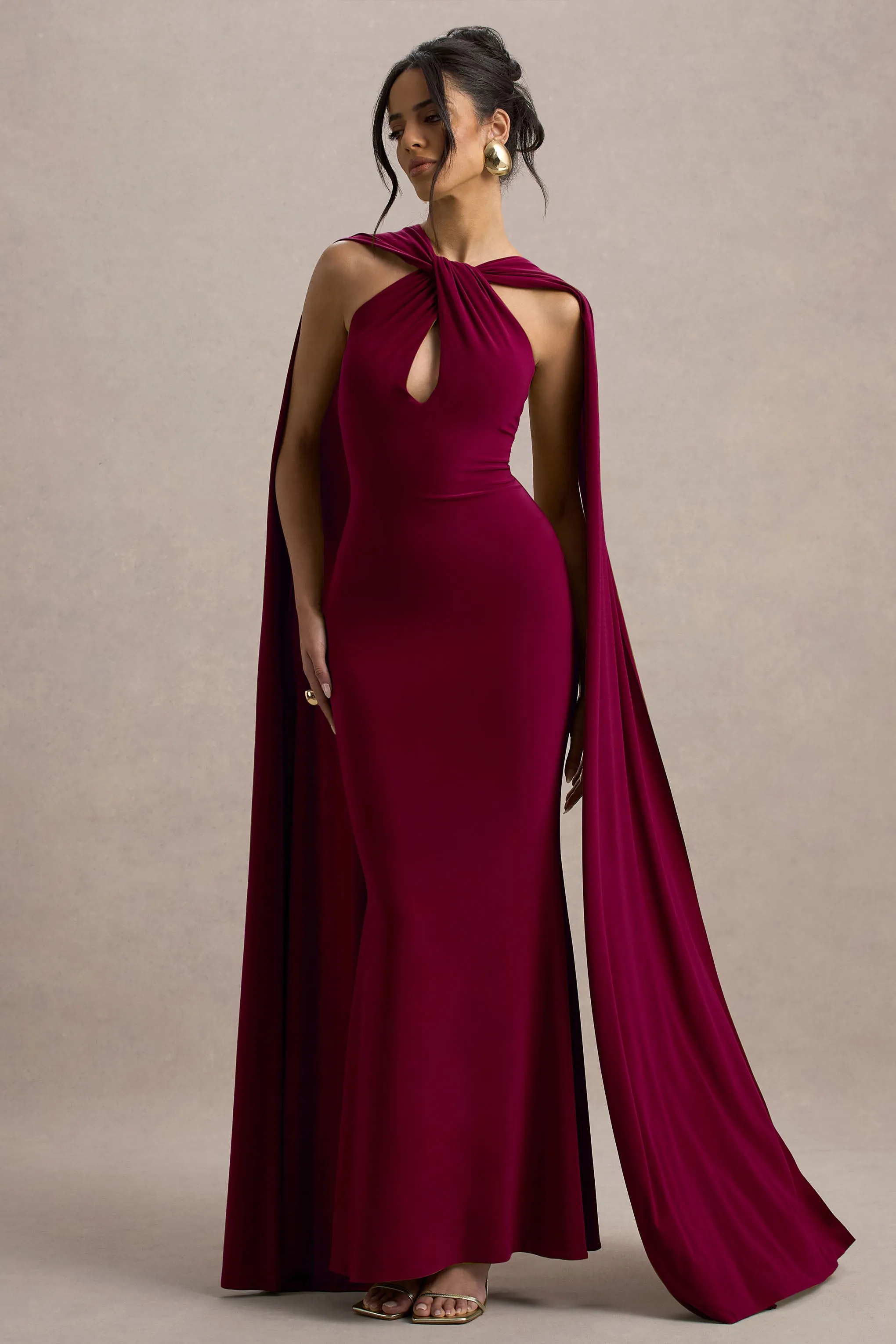 Rhoda | Burgundy Twist Halter-Neck Cape Maxi Dress Club L London