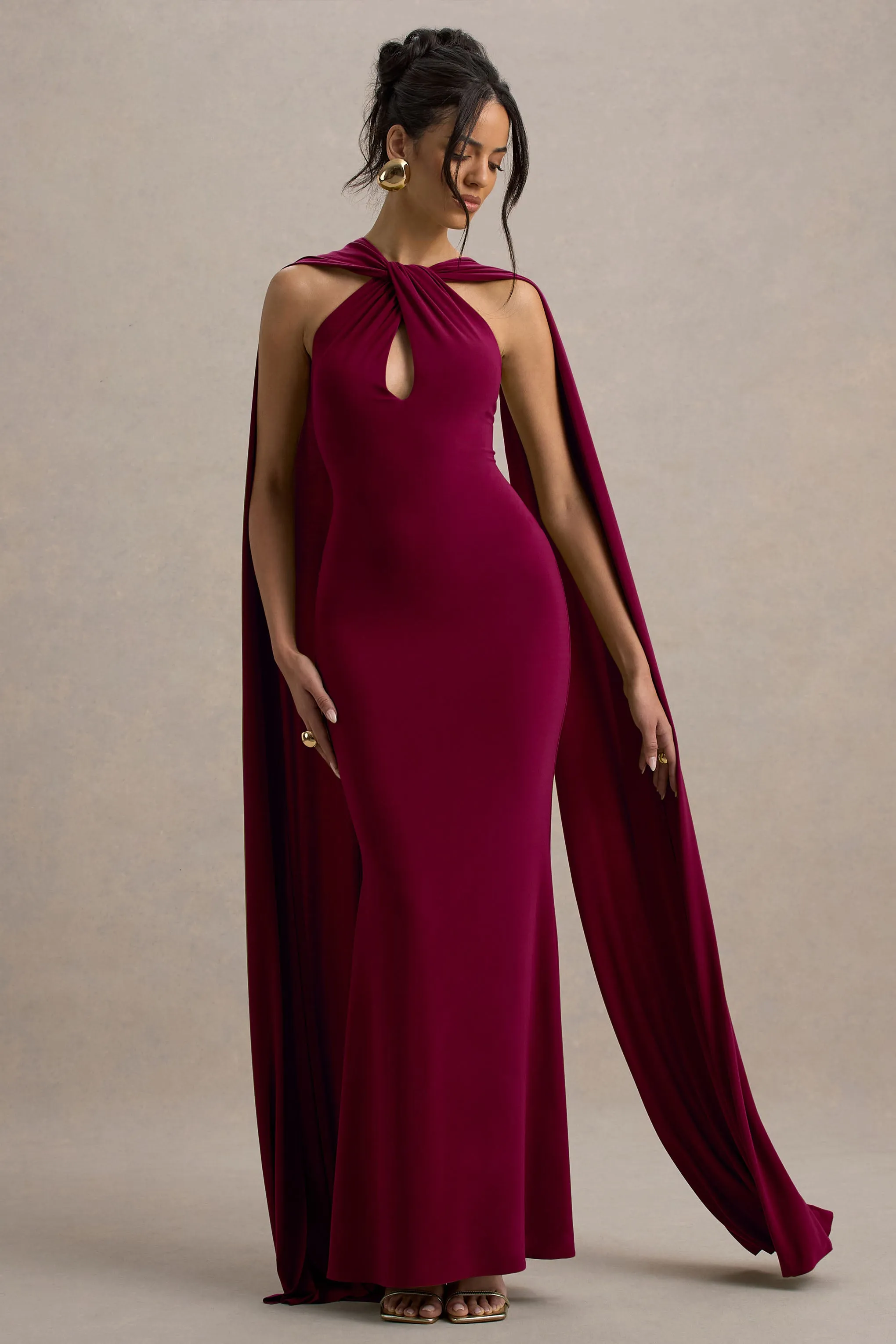Rhoda | Burgundy Twist Halter-Neck Cape Maxi Dress Club L London