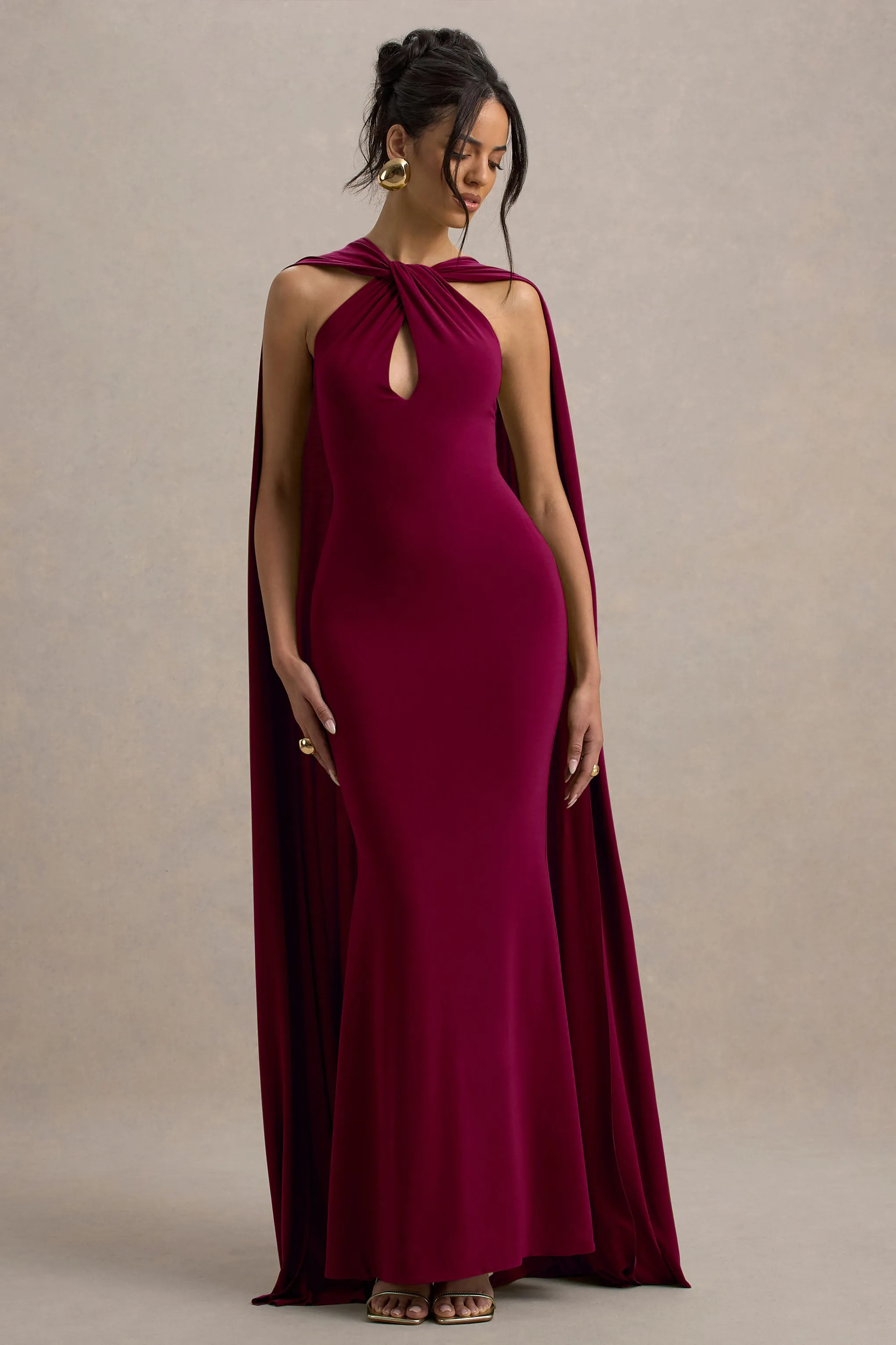 Rhoda | Burgundy Twist Halter-Neck Cape Maxi Dress Club L London