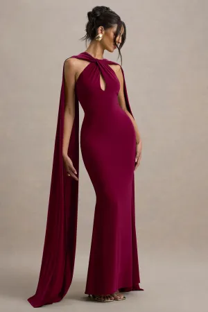 Rhoda | Burgundy Twist Halter-Neck Cape Maxi Dress Club L London