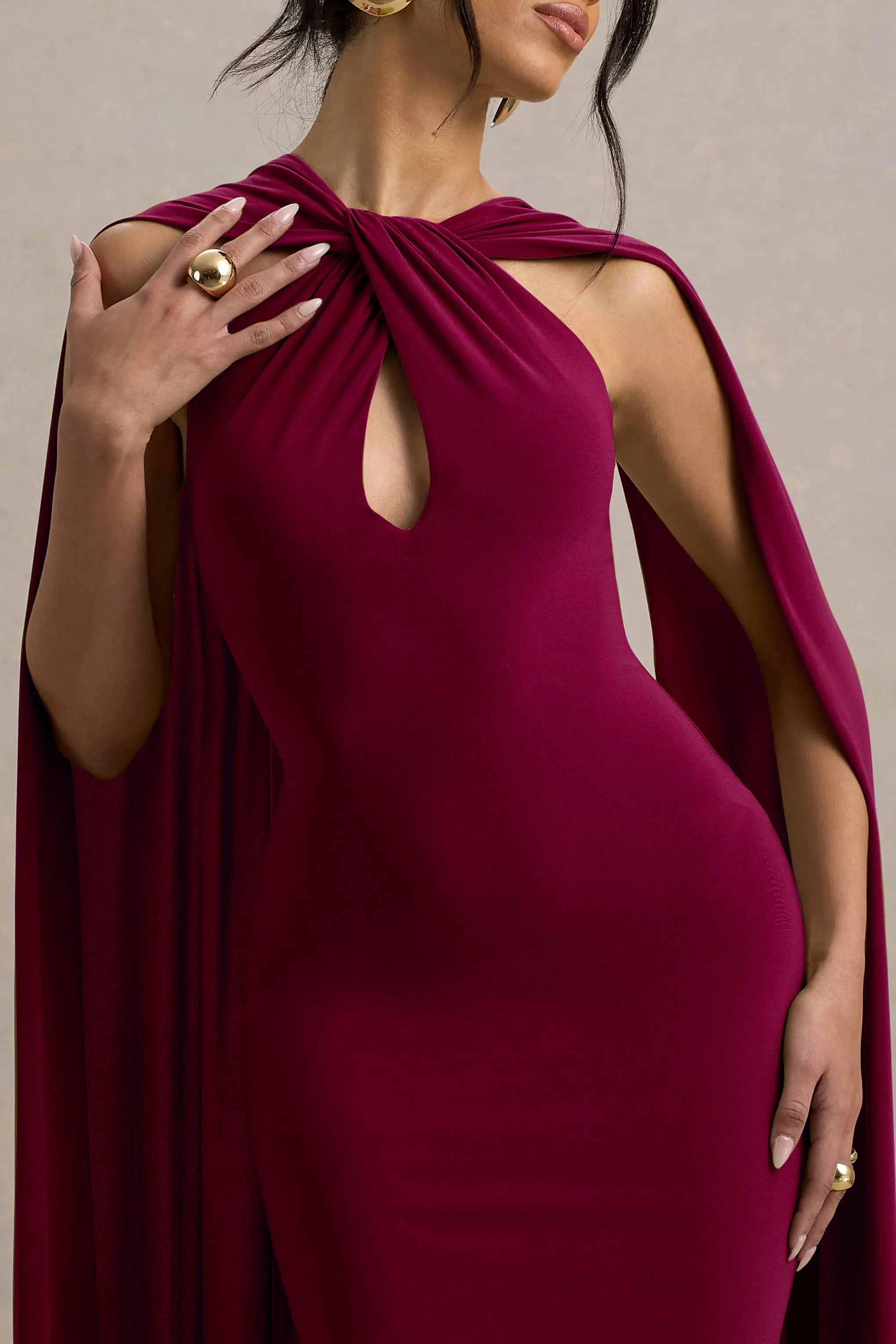 Rhoda | Burgundy Twist Halter-Neck Cape Maxi Dress Club L London