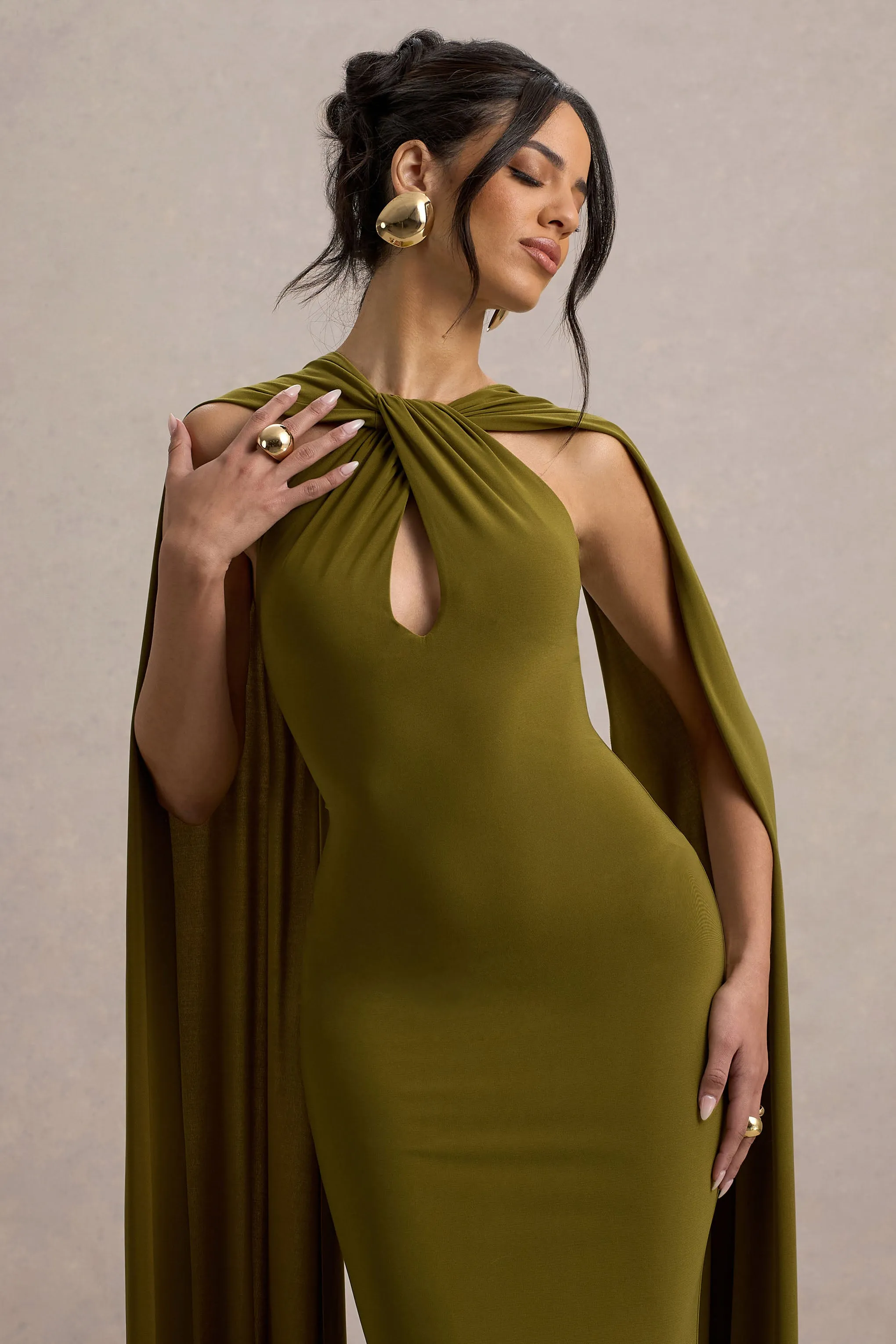 Rhoda | Green Twist Halter-Neck Cape Maxi Dress Club L London